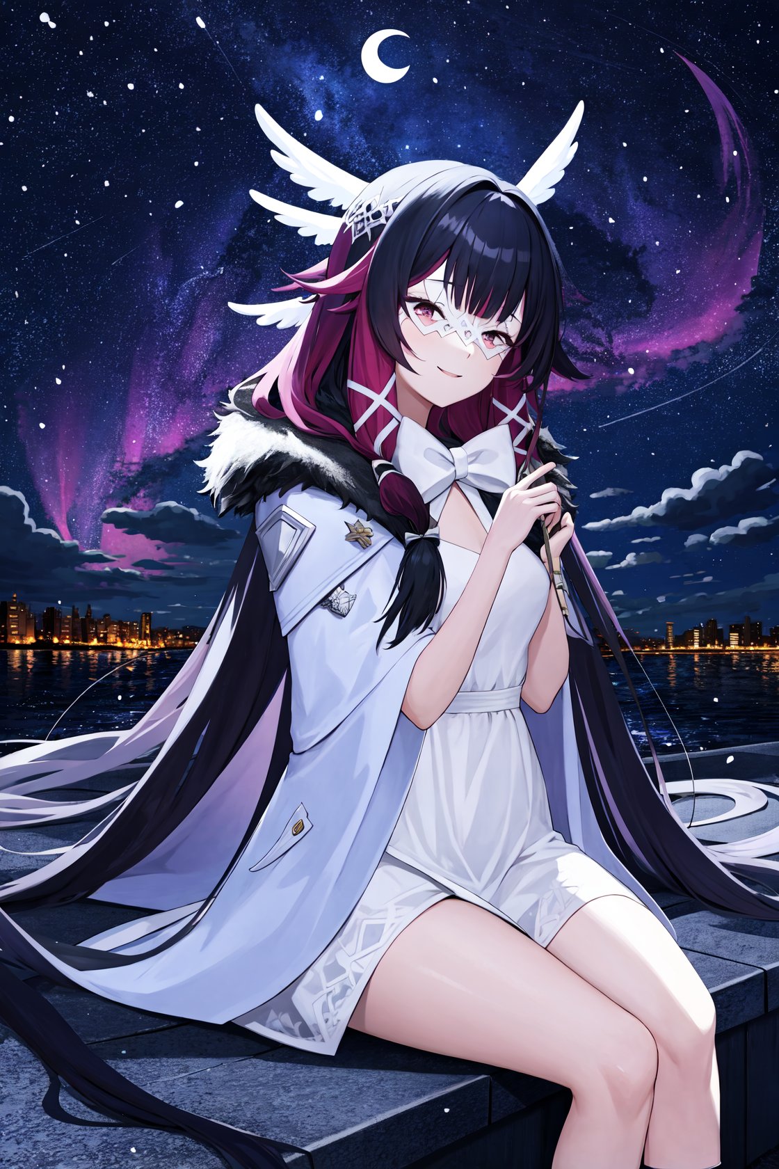 <lora:少女v2-000008:1>,shaonv,1girl,solo,white mask,head wings,fur-trimmed coat,smile,white coat,white bow,white dress,white ribbon,aurora,city lights,cloud,crescent moon,fireflies,horizon,light particles,milky way,moon,night,night sky,shore,sitting,sky,skyline,snowing,space,star \(sky\),starry background,starry sky,twilight,water,, (masterpiece,best quality,high quality:1.2),absurdres,