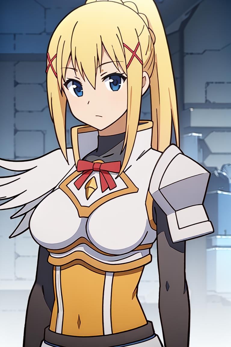 <lora:DarknessV2:0.7>darkness (konosuba),best quality,masterpiece,upper body,1girl,solo,long hair,breasts,looking at viewer,blonde hair,hair ornament,gloves,ribbon,ponytail,black gloves,armor,x hair ornament,shoulder armor,pauldrons,looking at viewer,white background