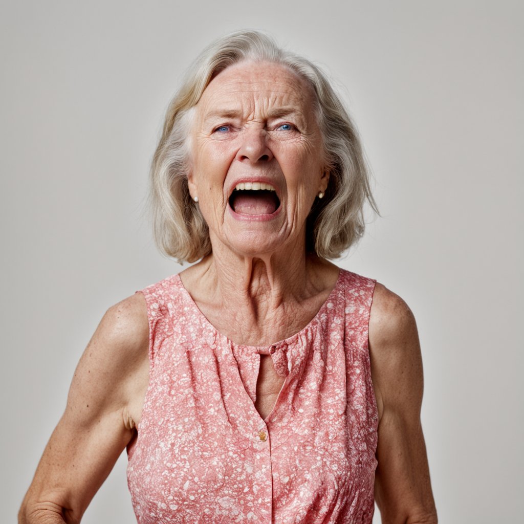 <lora:polyhedron_all_sdxl-000004:0.3> RAW photo, (full body portrait:1.5) of a screaming beautiful 70 year old  woman, wrinkled face, pink summer dress, full sharp, detailed face, blue eyes, 8k uhd, dslr, soft lighting, high quality, film grain, Fujifilm XT3 <lora:polyhedron_tears-000003:0.5> <lora:polyhedron_angry-000006:0.5>intricate skin details, visible skin detail, detailed skin, detailed skin texture, mascara, skin pores, light freckles, skin fuzz, blush, translucent skin, subsurface scattering, minor skin imperfections, wrinkles, vitiligo spots, skin fuzz