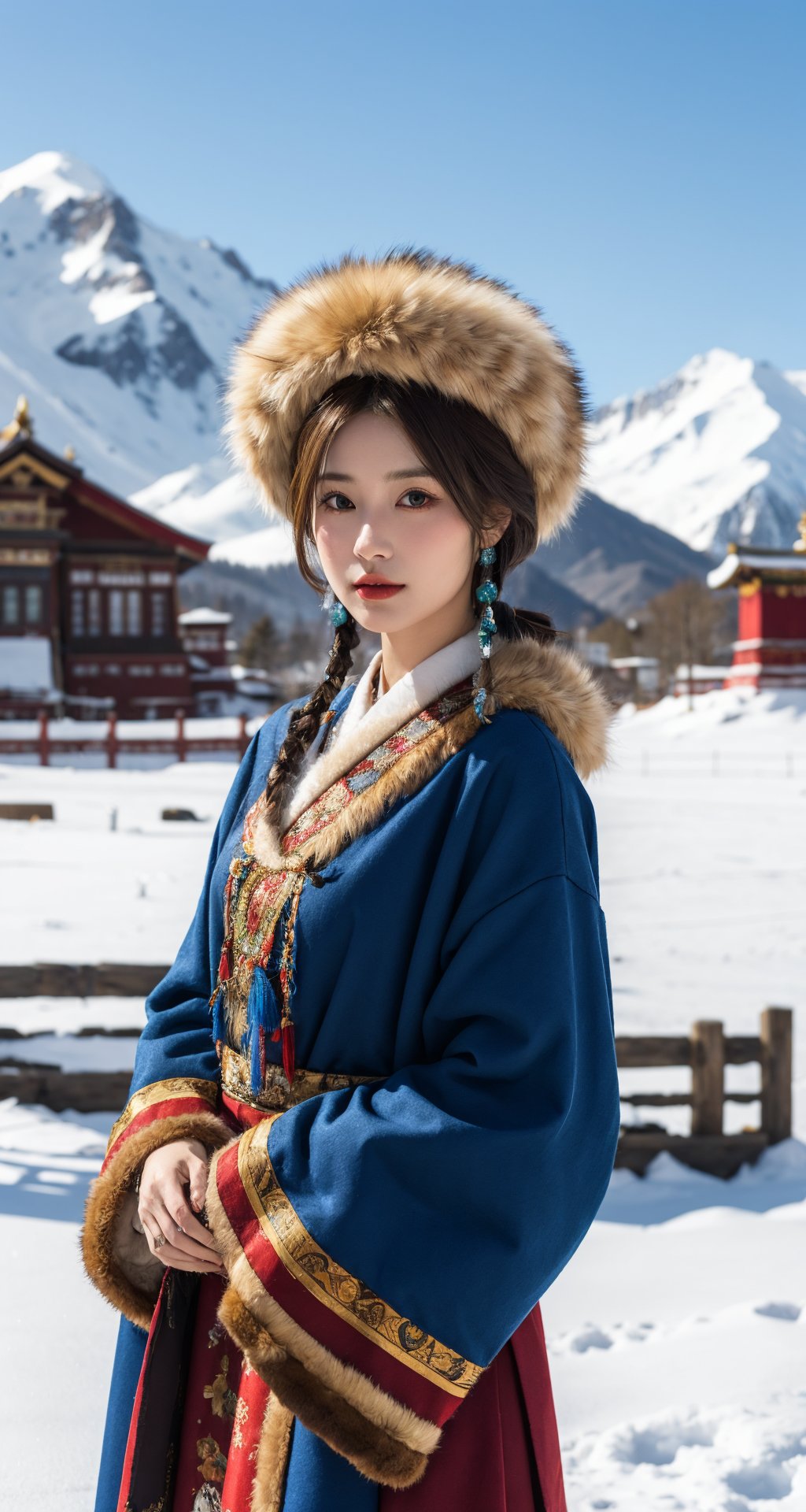 solo,1girl,(fur trim:1.2),look at the viewer,(traditional clothes:1.2),outdoors,sky,brown hair,cloud,long sleeves,blurry,fur clothes,blurry background,(wide sleeves:1.2),tibetan,red and blue clothes,portrait,bust,national costume,tibetan clothing,snow mountain,<lora:LH_ZF:0.5>,