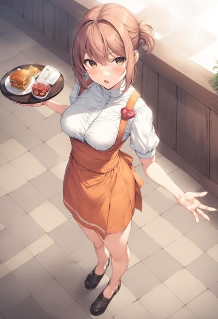 1girl, <lora:sdxl2-flat2-512b:-1>,medium breasts,solo,<lora:annamillerXLv2:0.8>,anna miller ,waitress,name tag,high-waist skirt,suspender skirt, apron,from above, full body, looking ahead, serious,  open mouth,restaurant,best quality,medium quality,