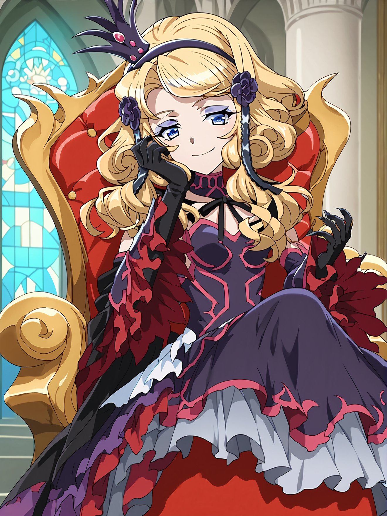 score_9, score_8_up, score_7_up, score_6_up, score_5_up,  source_anime, BREAK, anime screencap, (onyx flower tiara), gothic dress, clawed gloves, xdubeatrice, makeup, from below, sitting,, head rest, evil smile, half closed eyes, castle interior,  throne, <lora:Beatrice-XDU:0.95>