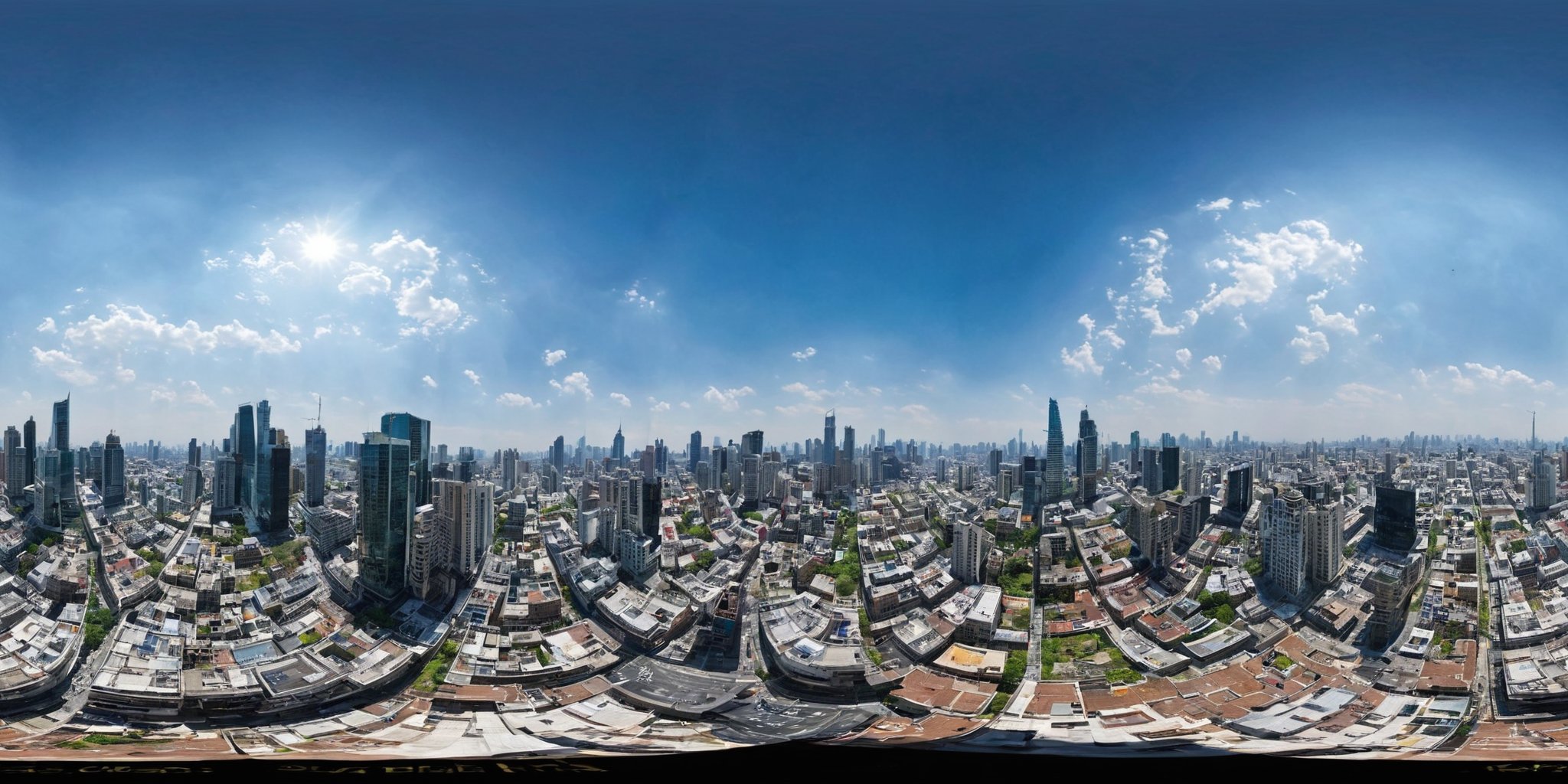 <lora:HMSG航拍全景XL:1>,360panorama,Centered Horizon,No seams,<lora:光影XL:1>,The city skyline during the day is a vibrant tapestry of architectural marvels reaching for the sky. Skyscrapers clad in glistening glass reflect the sun's rays, casting a spectacle of light and shadow on the urban canvas below. The hustle and bustle of the city are visible from this panoramic view, with cars moving like ants in the streets, and people scattered among the open plazas and green spaces. It's a snapshot of daily urban life, set against the backdrop of a clear blue sky and the promise of modernity's triumphs