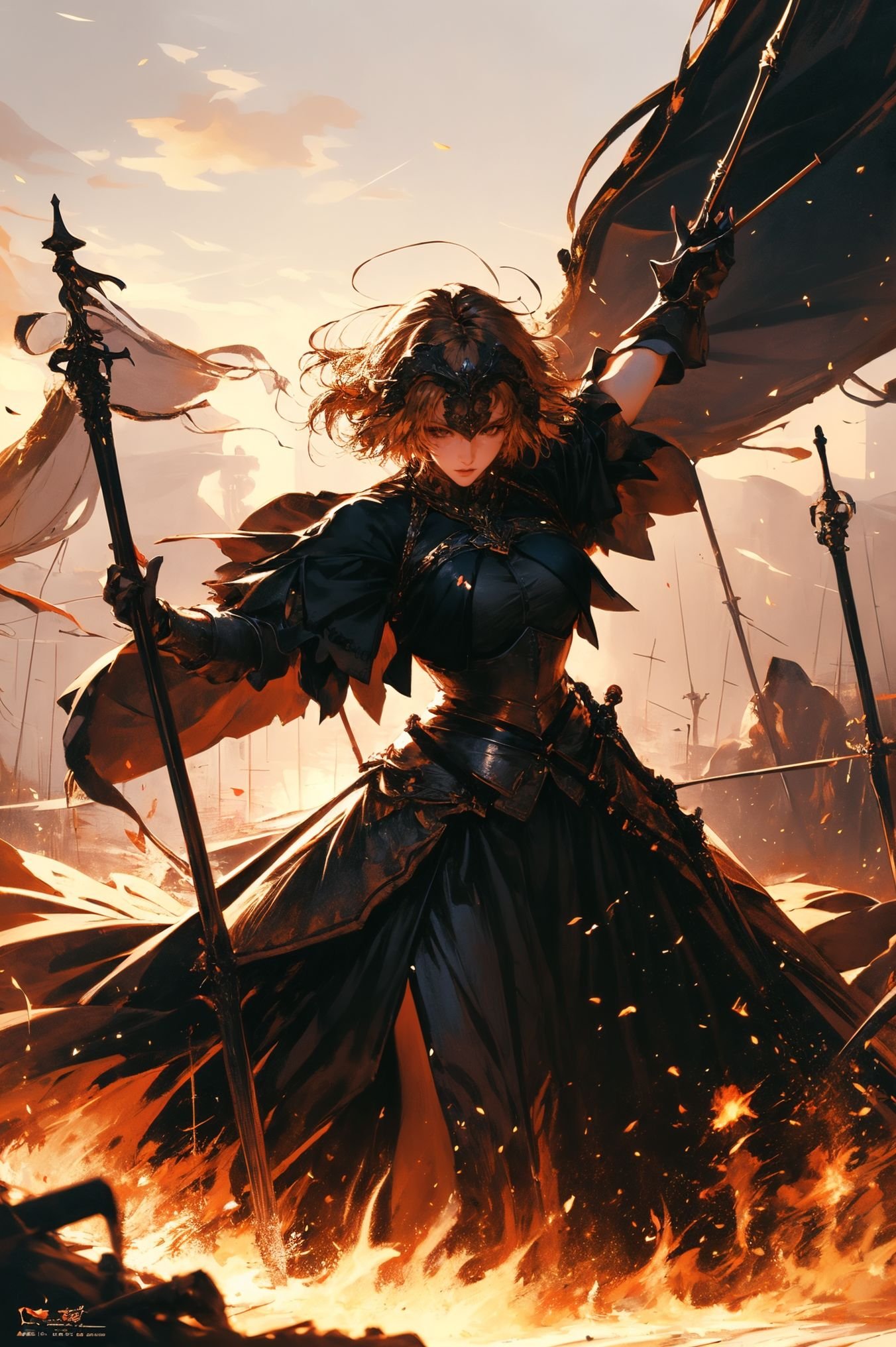 a stunning art,abstract,flowery,predominantly white,dynamic pose,centered,key visual,intricate,highly detailed,breathtaking beauty,precise lineart,vibrant,comprehensive,cinematic,xuer Jeanne D Arc,(Attacking posture:1.3),<lora:绪儿-黑贞德 xuer Jeanne D Arc:0.8>,