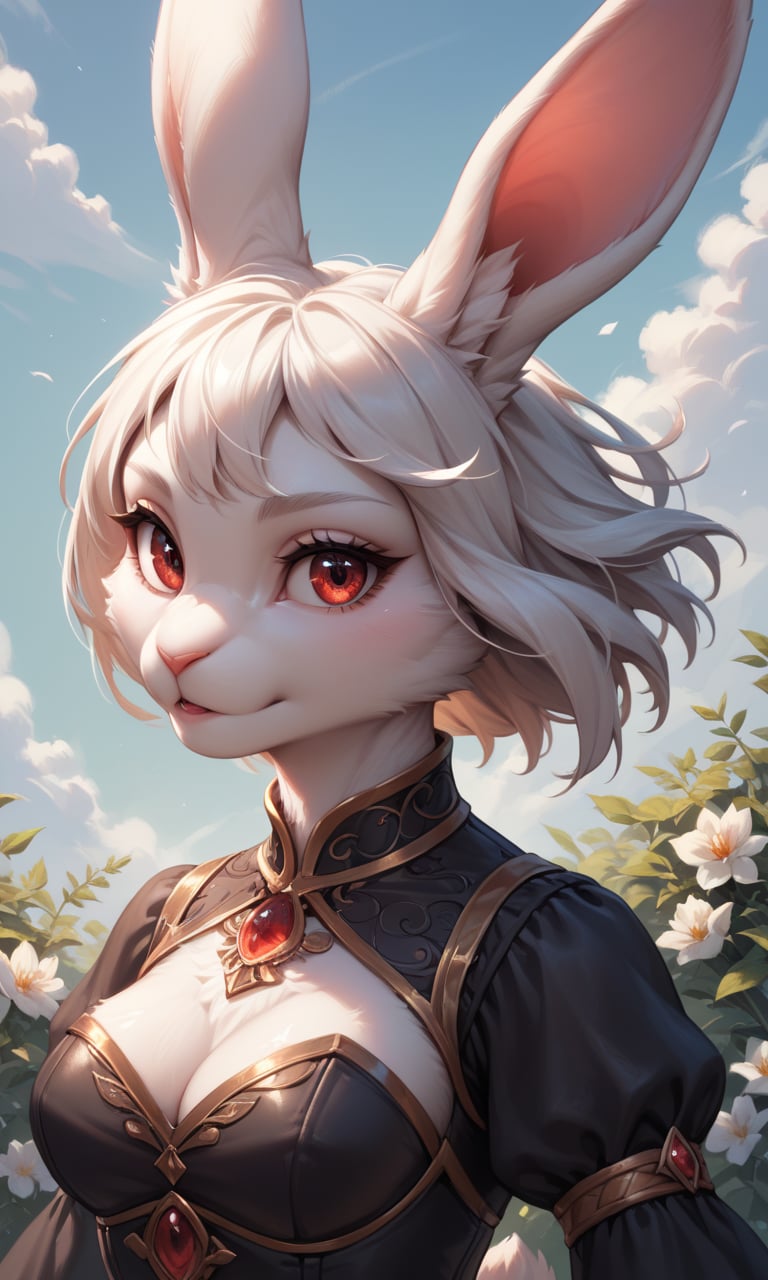 score_9, score_8_up, score_7_up, score_6_up, score_5_up, score_4_up, source_furry,BREAK,detailed face eyes and fur, 1girl, solo, rabbit girl, clothed, body fur, white rabbit, white fur, detailed fluffy fur, looking at viewer, red eyes, black dress, upper body