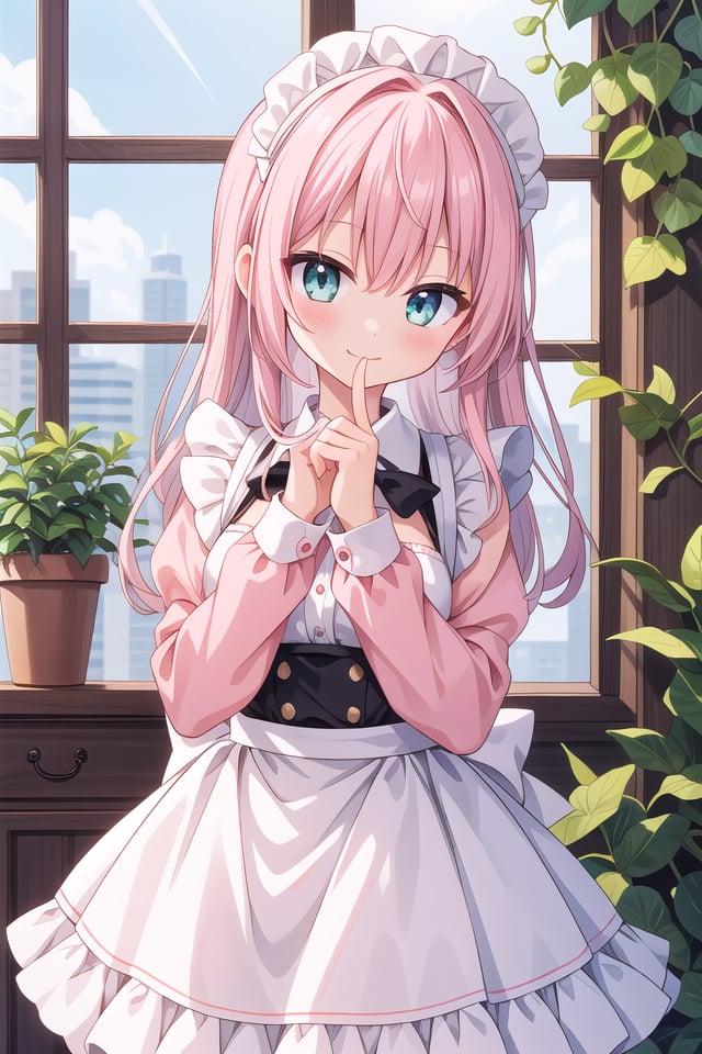 insanely detailed, absurdres, ultra-highres, ultra-detailed, best quality,1girl, solo, nice hands, perfect hands,BREAKapron, blush, bow, bowtie, frilled apron, frills, long sleeves, maid, maid apron, maid headdress, waist apron, white apronBREAKsmile, closed mouthBREAKfinger to mouth, index finger raised, shushing, cowboy shot, looking at viewer,BREAKslender, kawaii, perfect symmetrical face, ultra cute girl, ultra cute face, ultra detailed eyes, ultra detailed hair, ultra cute, ultra beautiful,BREAKday, flower, ivy, leaf, indoors, open door, plant, potted plant, vines, window,BREAKwhite (pink:1.2) hair, green eyes, long hair, medium breasts, bangs, eyebrows visible through hair,