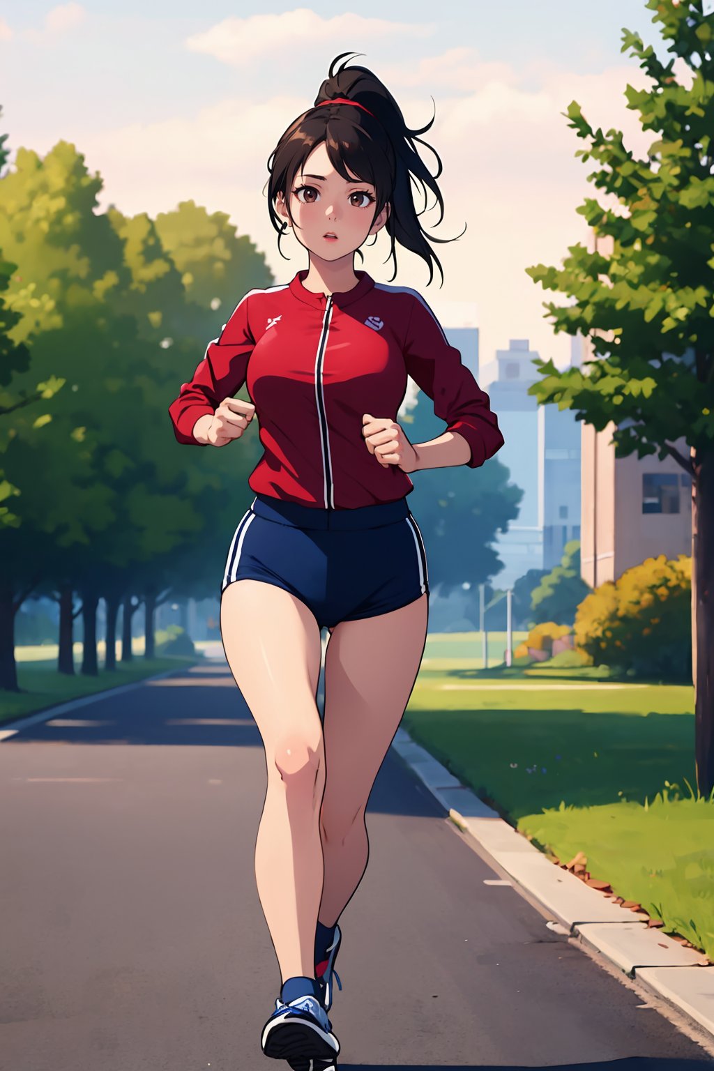 (best quality:1.4),(masterpiece:1.4),(8K:1.4),(extremely detailed:1.4),1girl,solo,brown eyes,(upper body:1.2),looking at viewer,ponytail,black hair,(full body:1.2),large breasts,running in sportswear,outdoors,