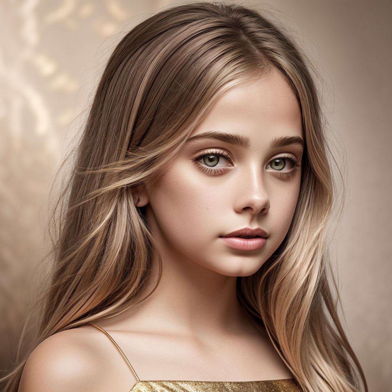 best quality, extra resolution, profile of charming (AIDA_LoRA_InW2017:1.15) <lora:AIDA_LoRA_InW2017:0.73> in a (tainted gold dress:1.1) standing in front of (taupe background:1.3), little girl, pretty face, naughty, funny, happy, playful, dramatic, studio photo, studio photo, kkw-ph1, hdr, f1.5, (colorful:1.1)