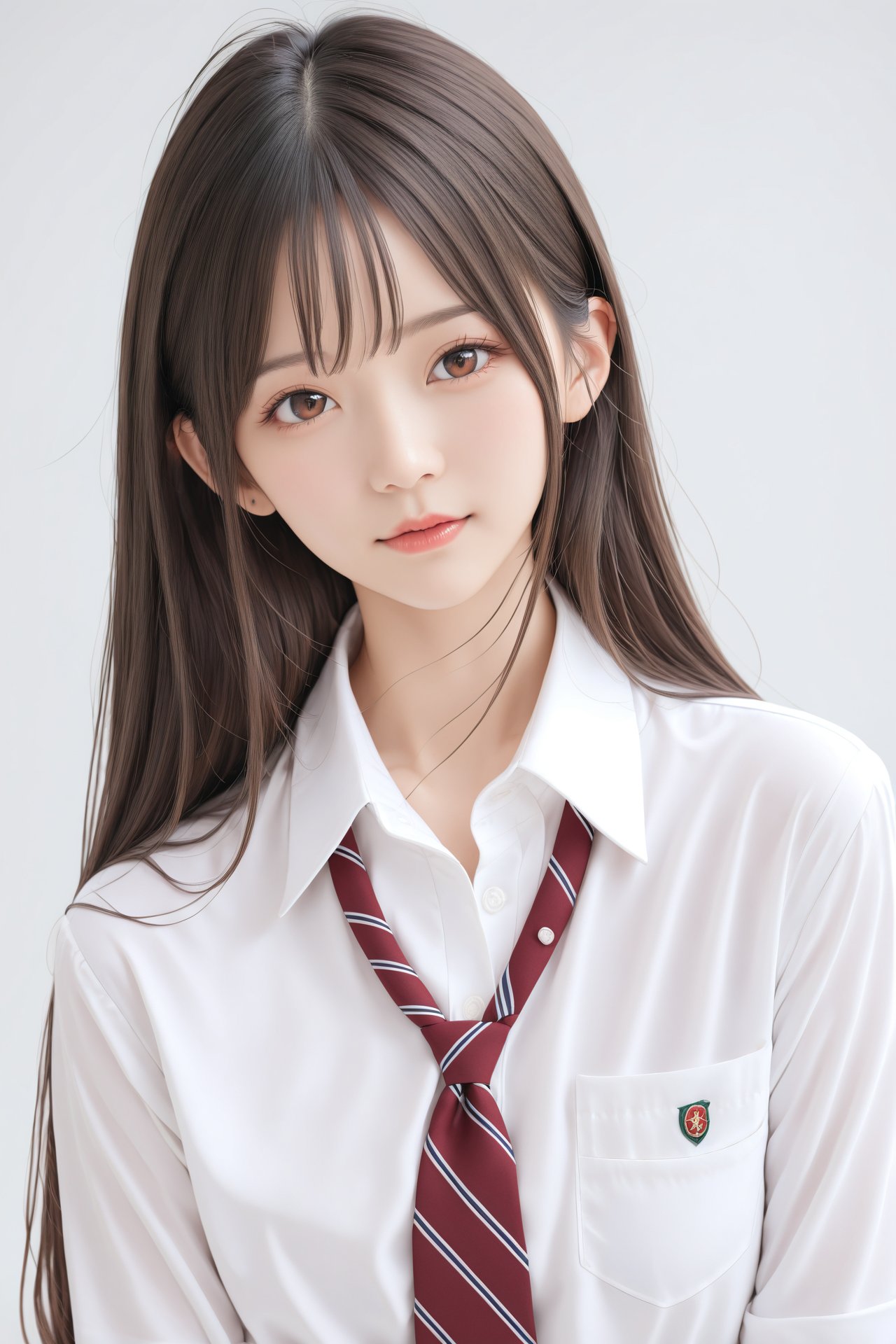 (masterpiece),(best quality),solo, 1girl, necktie, shirt, looking at viewer, long hair, white shirt, simple background, collared shirt, brown eyes, brown hair, head tilt, upper body, closed mouth, red necktie, lips, school uniform, wing collar,