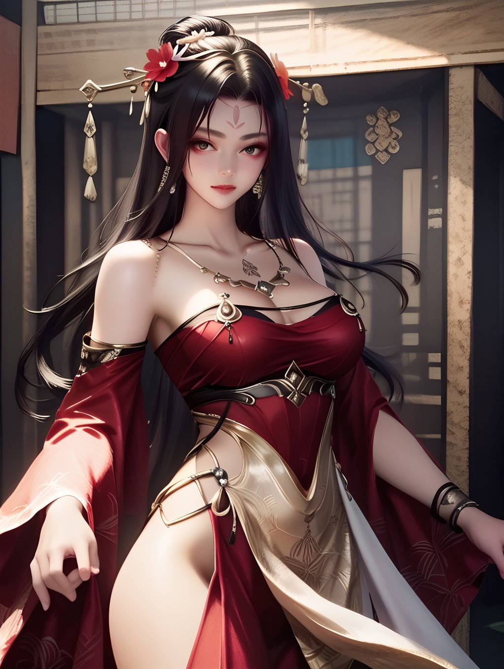 score_9, score_8_up, score_7_up,cowboy shot,  1girl,black hair,breasts,red dress,facial mark,forehead mark,hair flower,hair ornament,jewelry, <lora:meiya_V2:0.9>