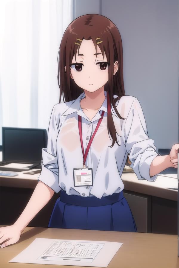 megumichihaya, <lora:megumi chihaya s1-lora-nochekaiser:1>,megumi chihaya, long hair, brown hair, hair ornament, (brown eyes:1.5), hairclip,BREAK skirt, shirt, white shirt, blue skirt, office lady, id card, lanyard,BREAK indoors, office,BREAK looking at viewer, (cowboy shot:1.5),BREAK <lyco:GoodHands-beta2:1>, (masterpiece:1.2), best quality, high resolution, unity 8k wallpaper, (illustration:0.8), (beautiful detailed eyes:1.6), extremely detailed face, perfect lighting, extremely detailed CG, (perfect hands, perfect anatomy),