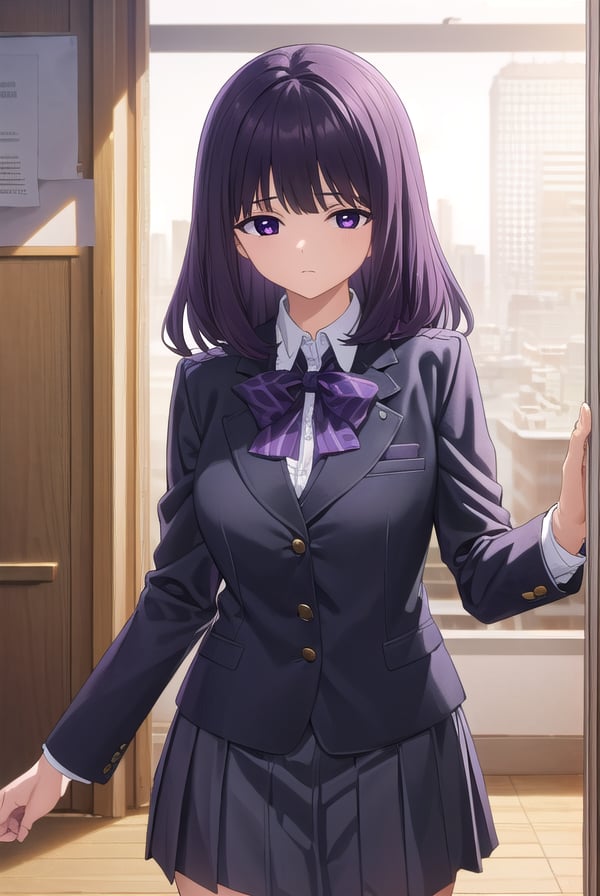 rionashijou, <lora:riona shijou s1-lora-nochekaiser:1>,riona shijou, bangs, purple hair, (purple eyes:1.1), medium hair,BREAK skirt, long sleeves, school uniform, jacket, socks, black skirt, two side up, black jacket, kneehighs, blazer, black socks, bow, bowtie, stripped, stripped bowtie,BREAK indoors, classroom,BREAK looking at viewer, (cowboy shot:1.5),BREAK <lyco:GoodHands-beta2:1>, (masterpiece:1.2), best quality, high resolution, unity 8k wallpaper, (illustration:0.8), (beautiful detailed eyes:1.6), extremely detailed face, perfect lighting, extremely detailed CG, (perfect hands, perfect anatomy),