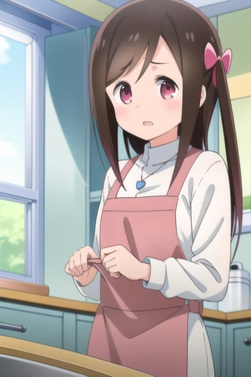 (masterpiece),hitori bocchi, brown hair, long hair, pink eyes, 1girl, solo, apron, kitchen, necklace, jewelry, open mouth, sink, indoors, looking at viewer, heart necklace