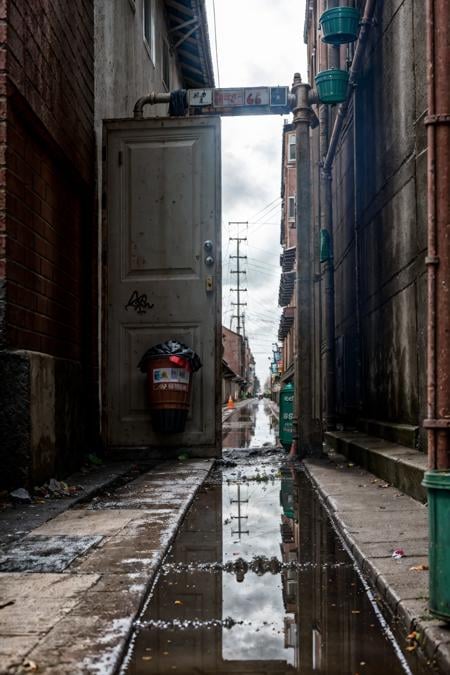 RAW photo,subject,8k uhd,dslr,soft lighting,high quality,film grain,Fujifilm XT3,outdoors,,ruanyi0046,,alley,no humans,traffic cone,power lines,industrial pipe,dark,night,dim lighting,dirty,air conditioner,bicycle,box,brick wall,bucket,building,cardboard box,city,cityscape,door,graffiti,house,lamppost,motor vehicle,outdoors,photo background,poster \(object\),power lines,puddle,rain,road,scenery,stairs,street,trash bag,trash can,wall,window,<lora:0046 dirty alley_v2:1>,<lora:detail_slider_v4:1>