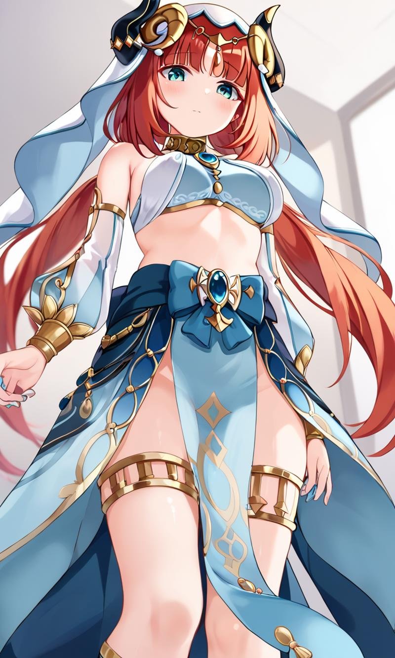 <lora:sdxl-gen-nilou-pony:0.8> gen-nilou, GenshinImpact, 1girl ,aqua eyes, eyeliner, orangered hair, shiny hair, horns, long hair, low twintails, parted bangs, sidelocks, medium breasts, blue nails, circlet, thighlet , neck ring +++ see-through veil, blue gemstone, white headwear, brooch, lightblue harem outfit, puffy long sleeves, bare shoulders, detached sleeves, gold trim, blue skirt+++ :D, +++ punch, from below, looking down, Low Angle, cinematic lighting, Workshop