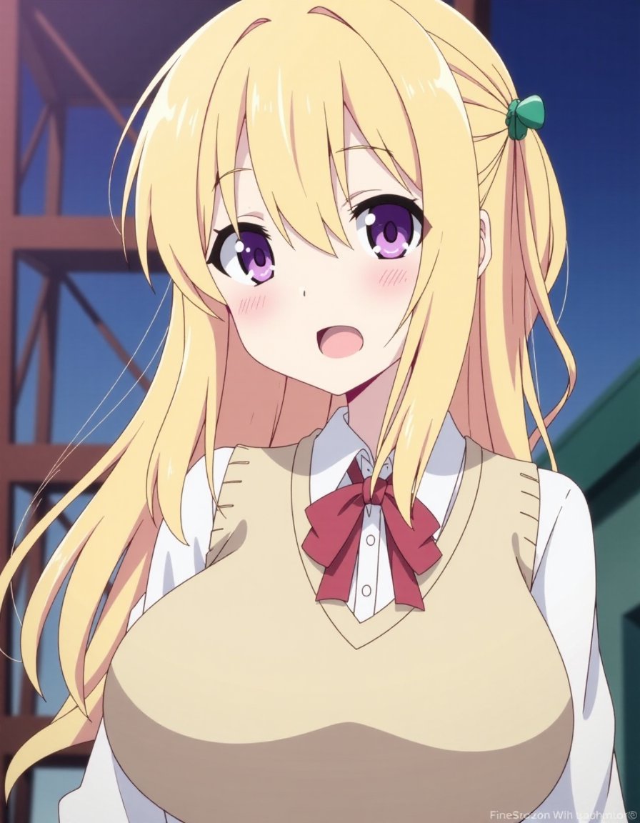 <lora:animestyle_r1:1>finetuneanime, 1girl, mole, solo, purple eyes, blonde hair, long hair, school uniform, sweater vest, ribbon, breasts, large breasts, hair ribbon, looking at viewer, open mouth