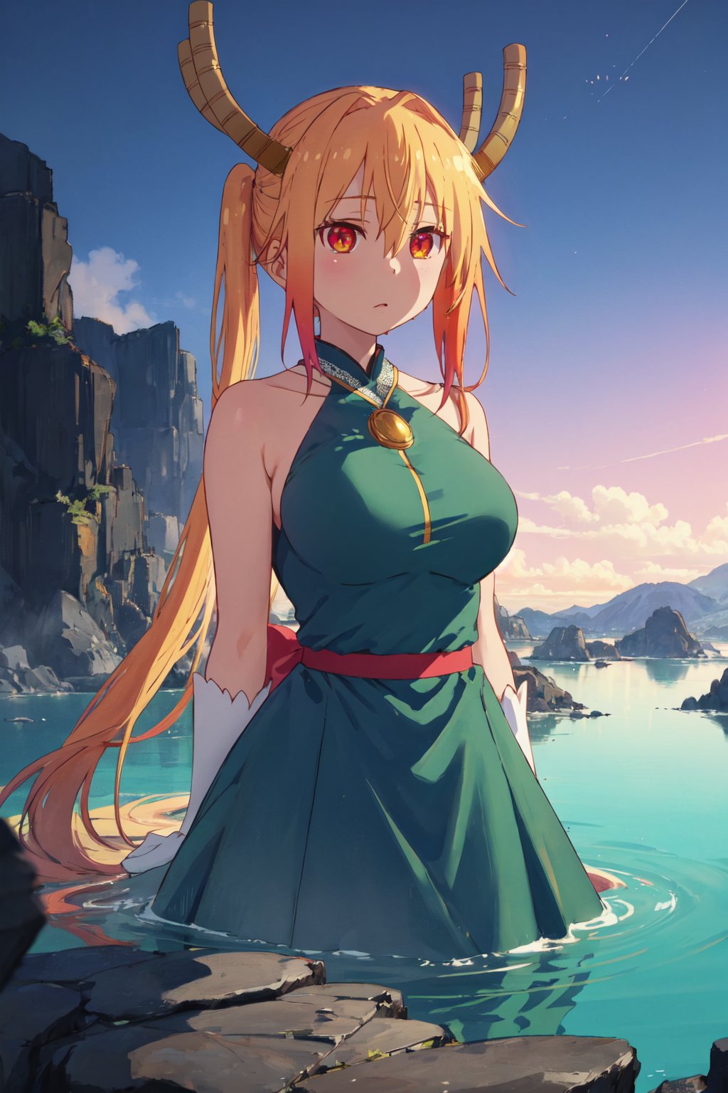 <lora:Tooru-000009:0.8>,Tooru CYQL,1girl,looking at viewer,solo,dragon girl,blonde hair,long hair,twintails,multicolored hair,gradient hair,hair between eyes,dragon horns,slit pupils,red eyes,breasts,large breasts,dragon tail,large tail,Illusion halter neckline with beaded bodice,naughty_face,panorama,Nested within the silent embrace of a volcano, a jade-green lake rests, encircled by steep cliffs shrouded in mist. It resembles a mystical eye of the earth,beautiful detailed sky,beautiful detailed glow,posing in front of a colorful and dynamic background,masterpiece,best quality,beautiful and aesthetic,contrapposto,female focus,wallpaper,