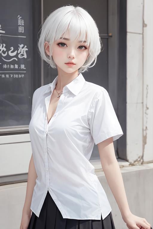 masterpiece,best quality,upper body,1girl,collared_shirt and flared_skirt as material2,色彩,calligraphy pen \(medium\),fading border,white hair,small breasts,wide-eyed,bored,cowboy shot