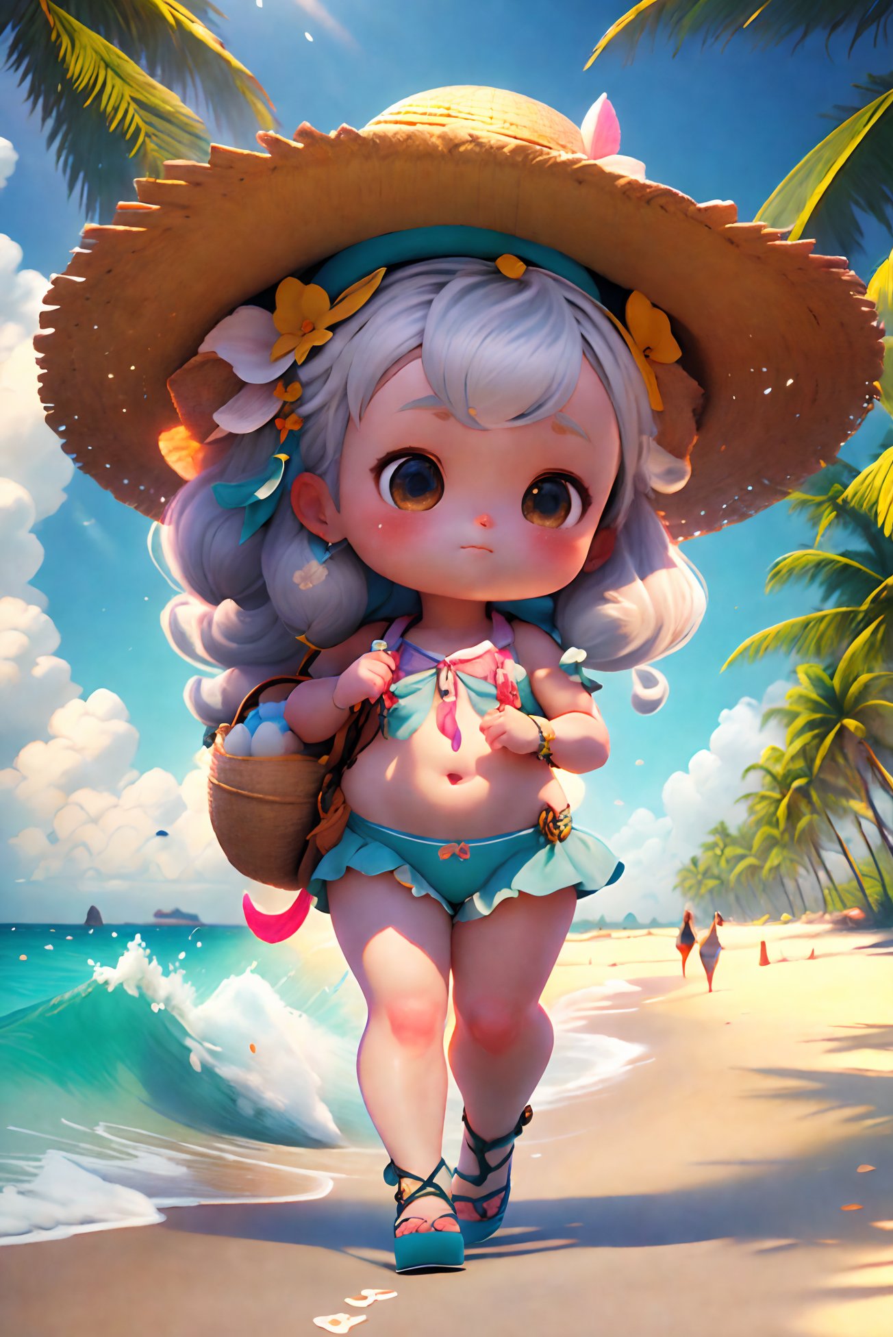 Best quality, masterpiece, illustration, extremely delicate and beautiful, extremely detailed, CG, unity, 8k wallpaper, stunning, fine detail, masterpiece, best quality, official art, extremely detailed CG unity 8k wallpaperA Girl, Beach, Ocean, Coconut Tree, Swimsuit, Gauze, Sun Hat, Waves, Walking, 3D, Q Edition