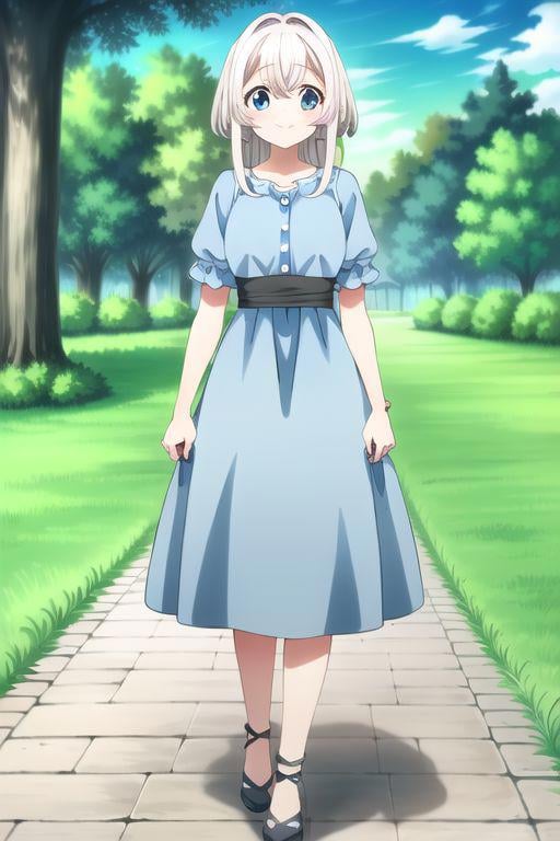 (masterpiece), towa, long hair, blue eyes, white hair, 1girl, solo, dress, outdoors, blue dress, walking, smile, looking at viewer, short sleeves, very long hair, day, tree, black footwear, sky