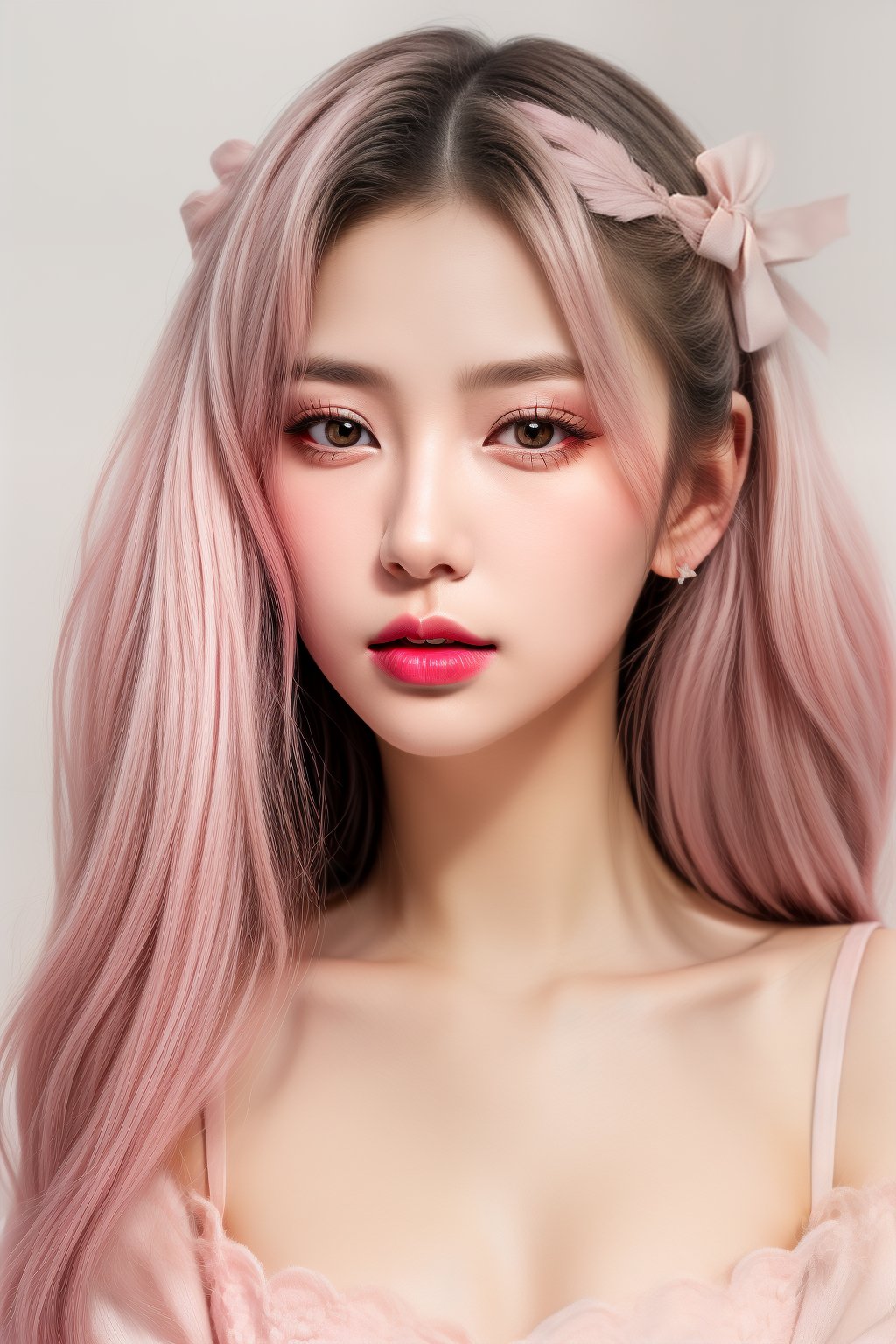 (fashion photography:1.3),(sweet:1.2),((nail polish, eyeliner, eyelashes, lipstick, makeup)),The girl has long,(wavy hair with a mix of pink and white colors:1.1),which gives off a soft and whimsical vibe. They are wearing what appears to be a light-colored,possibly pink,top with a ruffled neckline. The person is also adorned with accessories that include a headband with a bow and what looks like a feather or a decorative element on the side. The overall aesthetic is very cute and playful,with a focus on pastel colors and a fantasy-like quality. The background is simple and does not distract from the subject,which is the person's face and upper body,<lora:add_detail 3:1>,<lora:pcm_sd15_normalcfg_8step:1>,