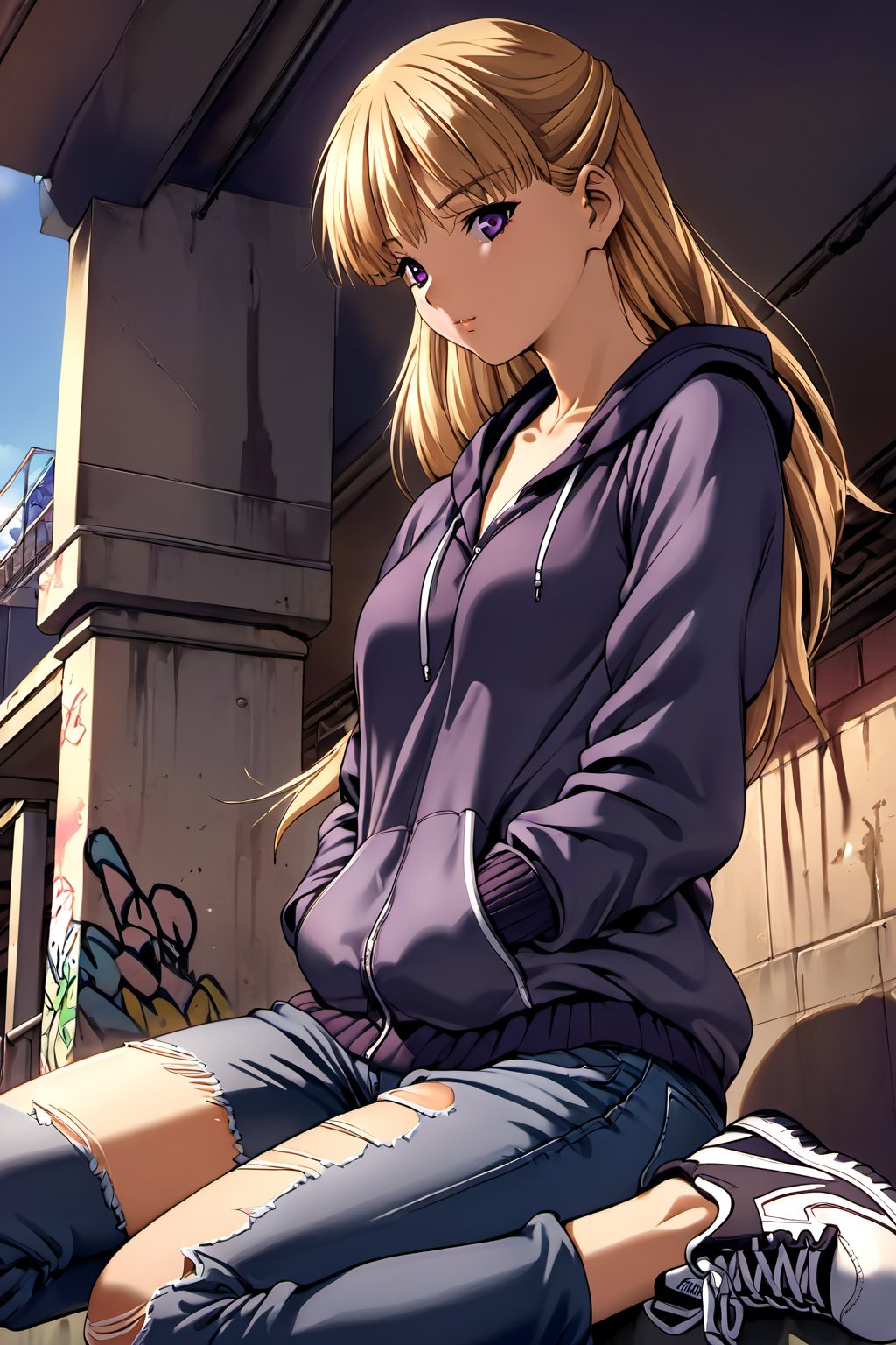 high detailed,very aesthetic,cowboy shot,high detailed,very aesthetic, kanzaki asuka, 1girl, blonde hair, purple eyes, detailed gorgeous eyes, perfect face, detailed face, street-style girl, sitting, confident pose, under bridge, graffiti art, urban setting, hoodie, ripped jeans, sneakers, vibrant colors, expressive graffiti, shadows, natural lighting, BREAK, relaxed expression, hands in pockets, cool demeanor, wind-blown hair, cinematic, dusk, from_below, <lora:kanzaki asuka ghost:0.8>