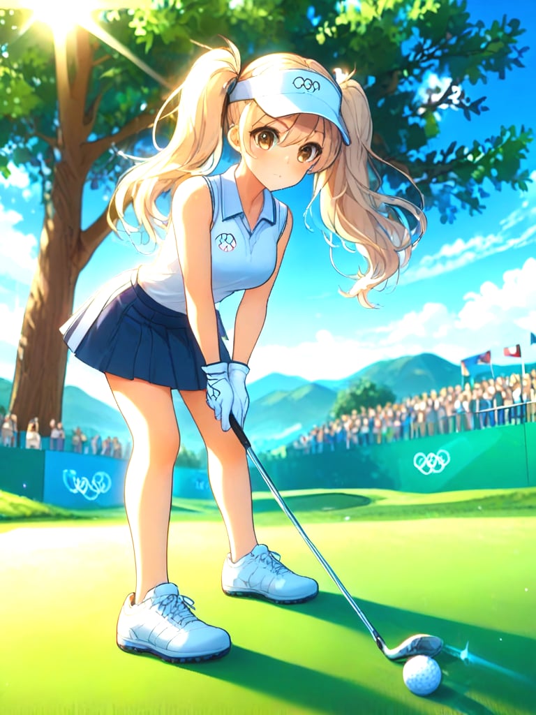 source_anime, playing golf, golf course, holding golf club, full body, 1girl, leaning forward, olympic rings, gloves, visor cap, polo shirt, sleeveless, skirt, shoes, grey hair, blonde hair, golden hair, twintails, ribbon, big tits, outdoors, golf ball, <lora:girllikeplayinggolf_pony:1>