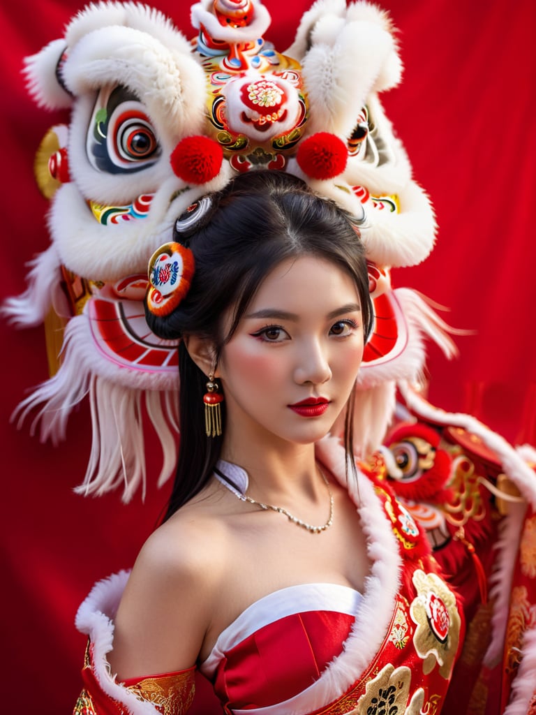 1girl, big lion head,  bare shoulders, black hair, breasts, brown eyes, Chinese clothes, cleavage, eyelashes, hagoromo, hair ornament, jewelry, lips, lipstick, looking at the viewer, makeup, medium breasts, realistic, red lips, shawl, ((full body)), (Lion Dance:1.5), red background <lora:Lion Dance:0.55>