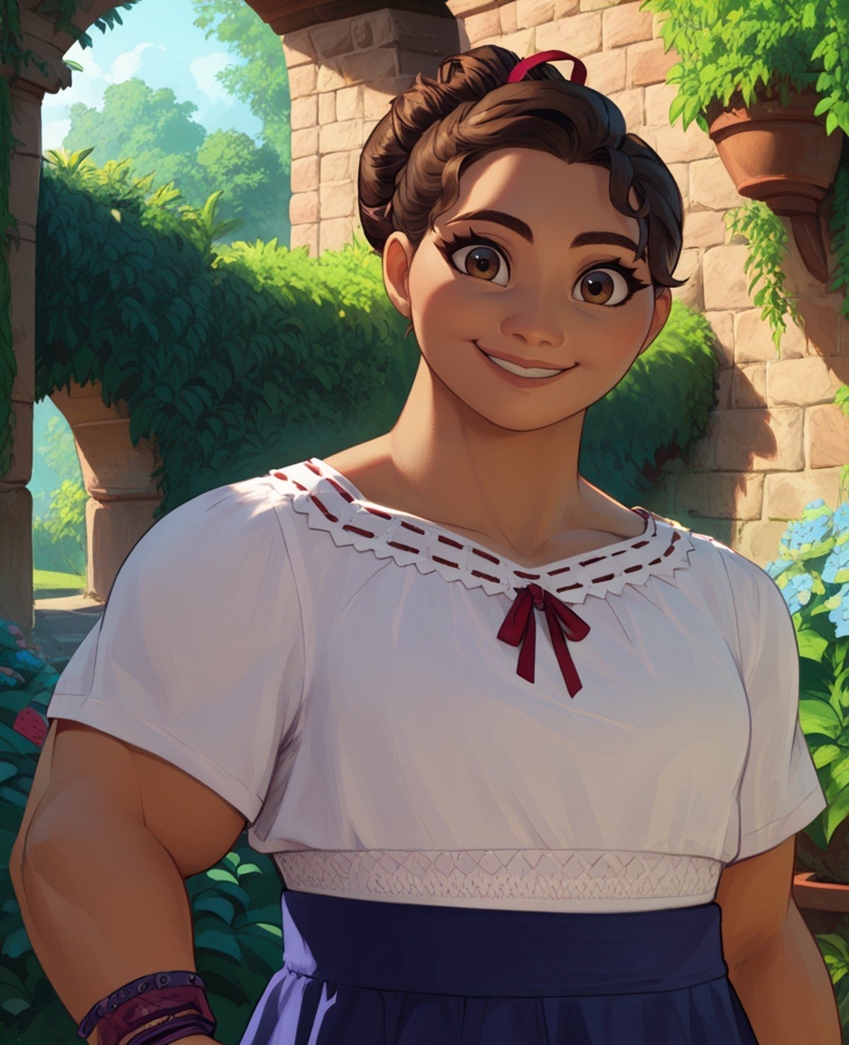 score_9,score_8_up,score_7_up,score_6_up,Luisaxl,brown hair,hair bun with red ribbon,brown eyes,smile,upper body,smile, looking at viewer, blue skirt,bracelets,white top,garden,stone bridge,morning,<lora:LuisaENC:0.9>,