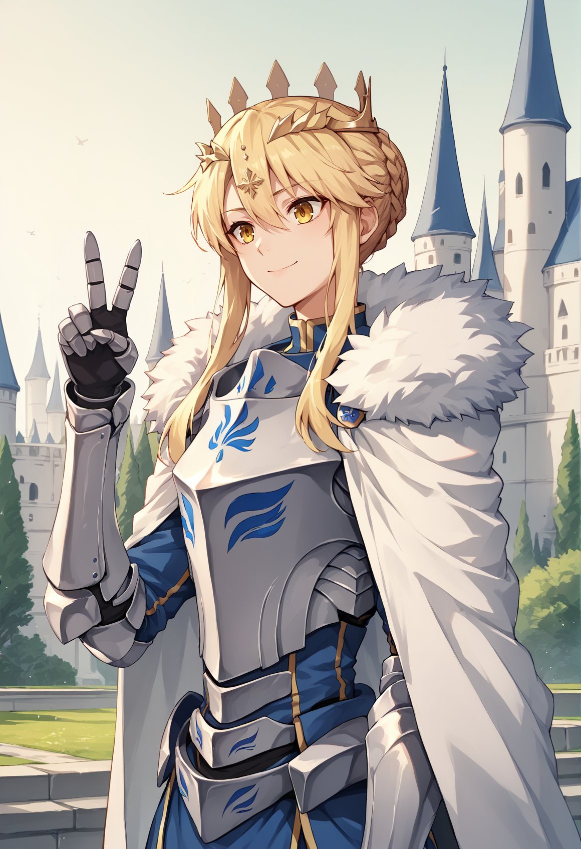 1girl, long hair, blonde hair, yellow eyes, sidelocks, single hair bun, french braid, crown, blue dress, armor, plate armor, gauntlets, greaves, thighhighs, white cape, fur-trimmed cape, standing, outdoors, castle, cowboy shoy, upper body, ((v)), smile <lora:titoria:0.8>, score_9, score_8_up, score_7_up, score_6_up, score_5_up, score_4_up, BREAK source_anime, masterpiece