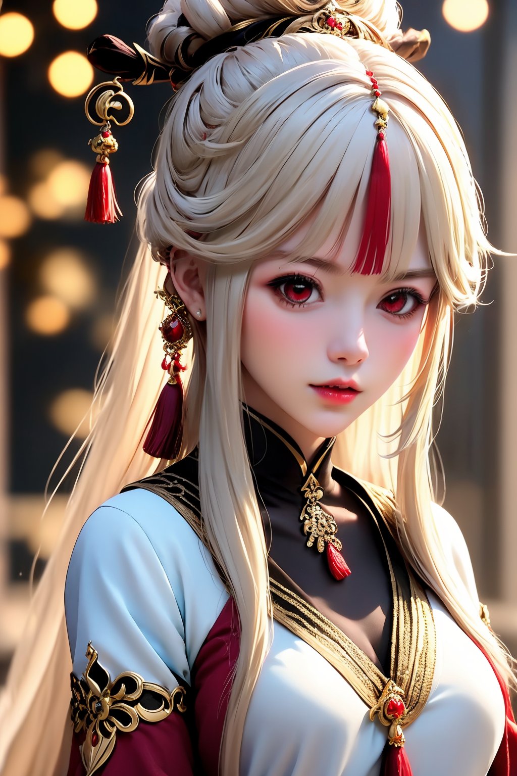 1girl, solo, red eyes, hair ornament, long hair, ningguang \(genshin impact\), tassel, looking at viewer, white hair, parted lips, upper body, tassel hair ornament, blurry, blurry background, hair stick, chinese clothes, jewelry, red lips, parted bangs, dress, lips, hand up, long sleeves, sidelocks, breasts, depth of field, makeup, gold trim, gem, bokeh, white dress, claw ring, lipstick, realistic, hairpin, see-through, eyelashes, medium breasts, teeth, earrings, red dress, half updo, china dress, detached sleeves, fingernails, very long hair, wide sleeves, tassel earrings, hair bun, see-through sleeves, blonde hair, light particles