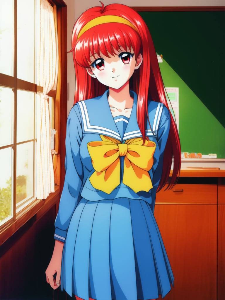 <lora:FujisakiShiori:1> FujisakiShiori, 1girl, solo, red hair, long hair,  hairband,   red eyes, yellow bow, school uniform, 　skirt,　pleated skirt,　serafuku,　blue skirt, long sleeves,  large_breasts,cowboy Shot, smile, blush, school in the room,masterpiece, high quality, very_high_resolution, large_filesize, full color, 