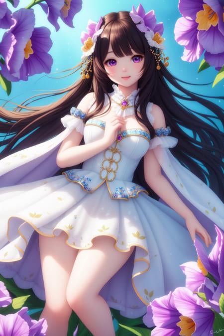 (Solo:1.2), (full body), ultra detailed, girl, puffy, puffy cheeks, cute, happy, highly detailed face, detailed eyes, detailed background, detailed flowers, Leafs, detailed face, detailed eyes, detailed iris, proper hands,vibrant colors, colorful art style, soft lighting, soft shadows, detailed textures, dynamic lighting,  