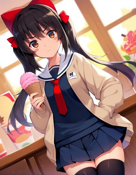 score_9,score_8_up,score_7_up,score_6_up,1girl is holding an ice cream, dutch angle, blush stickers, light frown , cardigan, serafuku, (red bow:1.1), (hair bow:1.1), necktie, thighhighs, twintails, black hair, brown eyes, pleated skirt, looking at viewer,<lora:namonashi_style_pony6_v3-000038:1>namonstyl 