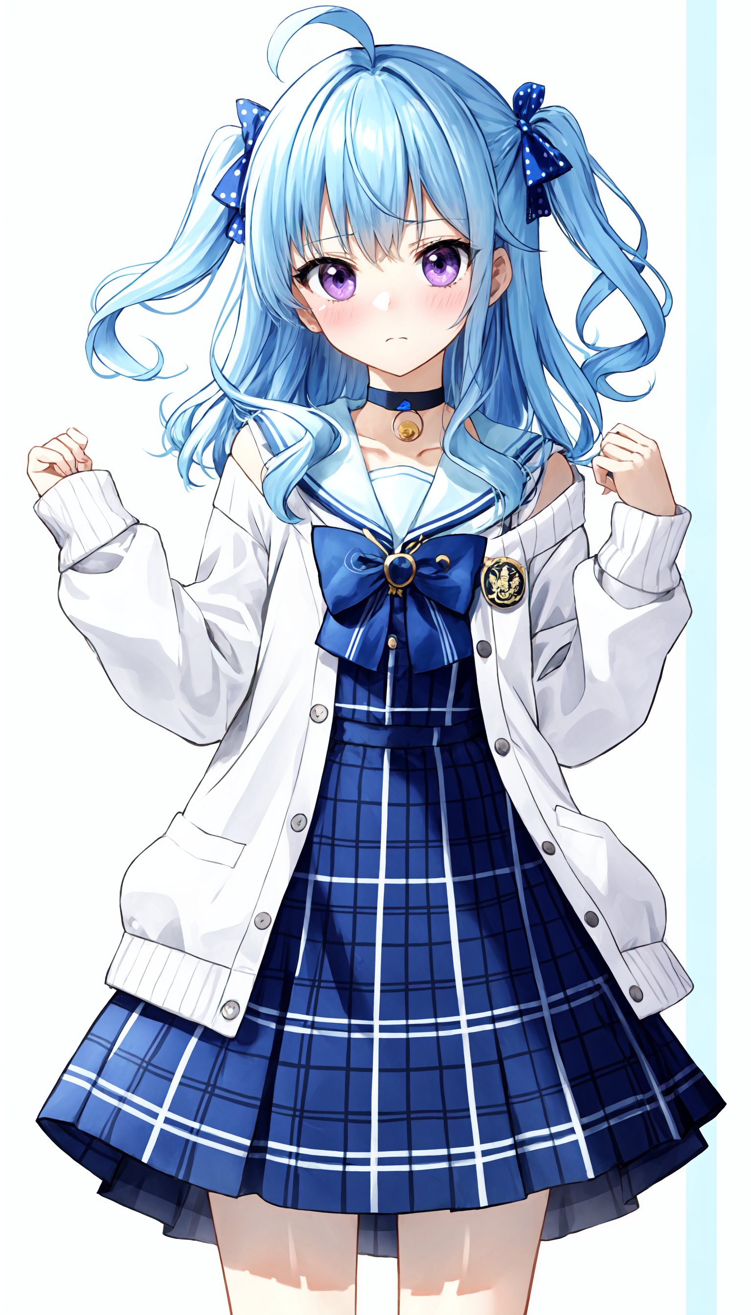 1girl, solo, sleeves past wrists, puffy long sleeves, closed mouth, purple eyes, long sleeves, bow, bangs, puffy sleeves, blush, white background, blue hair, ahoge, blue choker, plaid, choker, looking at viewer, hand up, hair bow, blue bow, frills, one side up, sailor collar, skirt, sleeveless, jacket, polka dot, simple background, open clothes, pinching sleeves, polka dot background, off shoulder, blue skirt, white jacket, feet out of frame, plaid skirt, dress, cardigan, striped bow, frilled dress