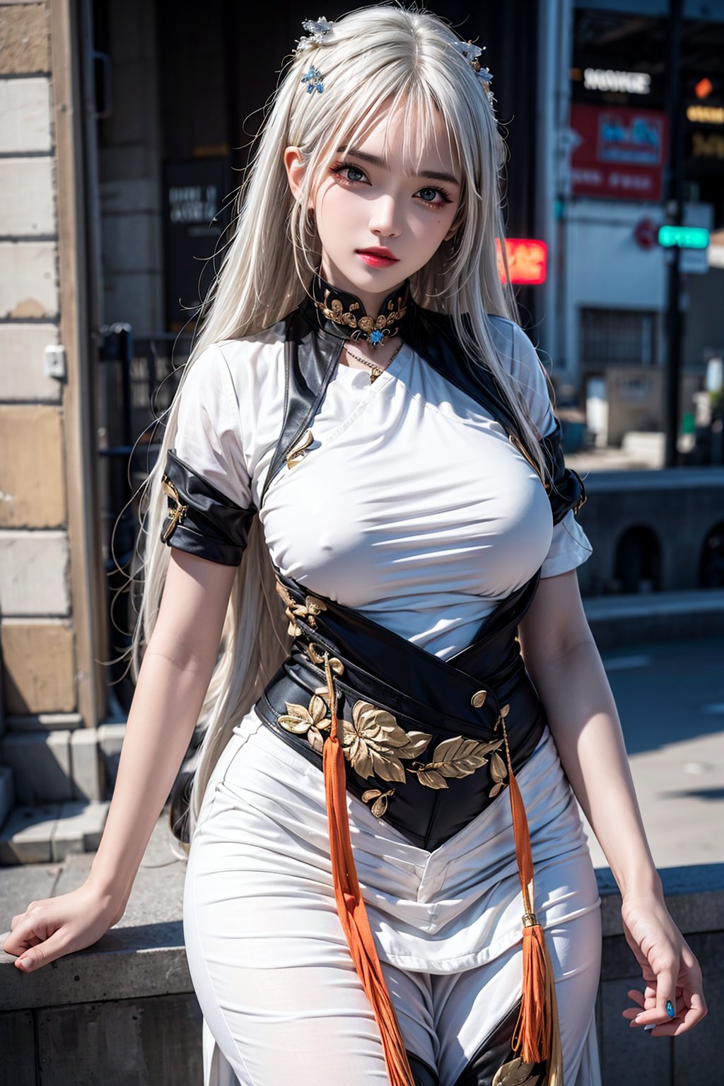 masterpiece,best quality,ultra detailed,1 girl,solo,waist up,long white hair,detailed face,fashionable accessories,street wear,<lora:more_details:0.4>,<lora:TA_trained:0.6>,