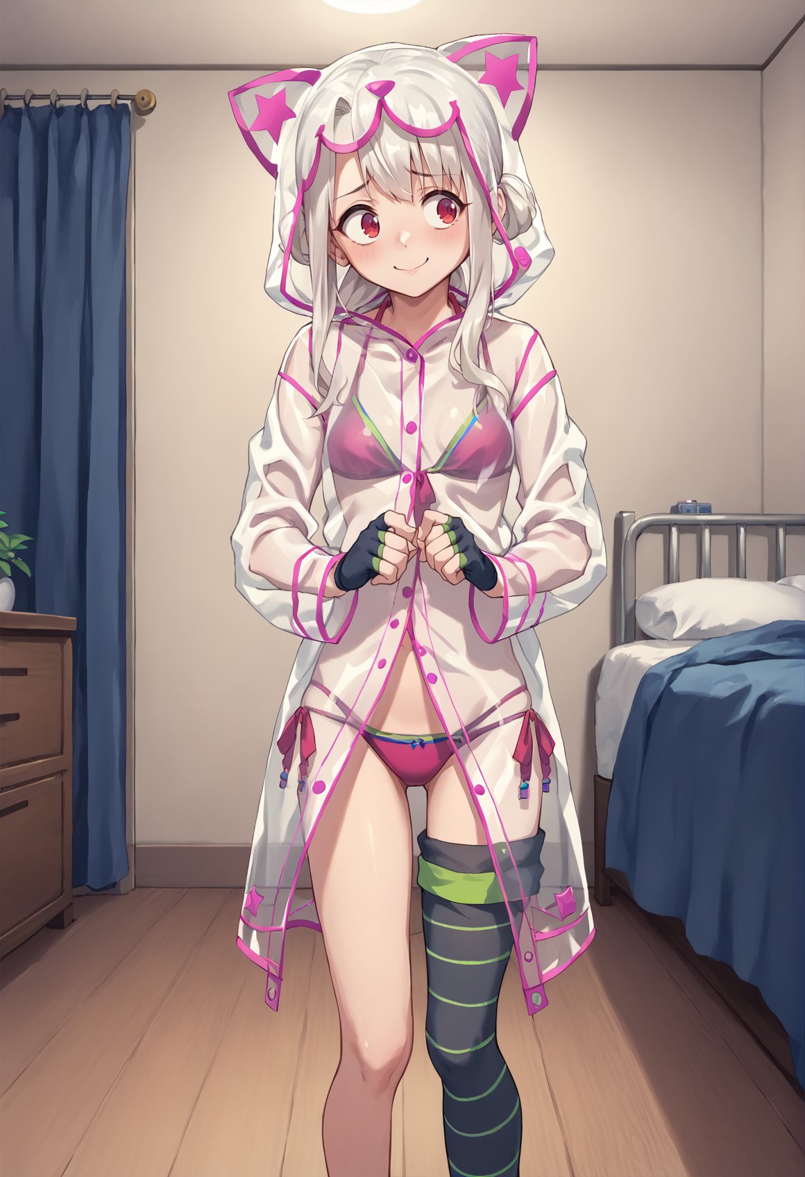 1girl, white hair, red eyes, long hair, double bun, pink bikini, asymmetrical legwear, partially fingerless gloves, raincoat, see-through, cat hood, standing, indoors, bedroom, looking to the side, nervous smile, closed mouth <lora:Illya_IQ2:1>, score_9, score_8_up, score_7_up, score_6_up, score_5_up, score_4_up, BREAK source_anime, masterpiece