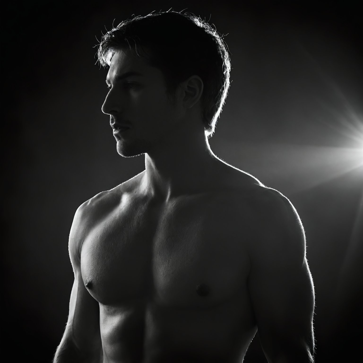 Establishing Shot. RAW Photo. Alluring & Beautiful, muscular male Model. Studio Photography. (Backlit:1.8), film grain, Backlit silhouette,male figure, mysterious, high contrast, black and white, anonymous, moody, circle of light background, studio shot, unrecognisable person, dramatic lighting, minimalistic, entered composition, portrait orientation, dark edges, rim lighting effect, obscured features, human outline