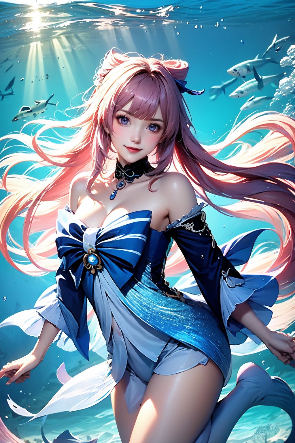 1girl, sangonomiya kokomi, bow-shaped hair, breasts, thighhighs, pink hair, solo, long hair, underwater, looking at viewer, white thighhighs, fish, bare shoulders, cleavage, very long hair, jewelry, multicolored hair, colored tips, lips, lace-trimmed choker, medium breasts, detached collar, dress, vision \(genshin impact\), blue dress, ocean, sunlight, collarbone, water, gradient hair, blue eyes, frills, underwear, closed mouth, earrings, hair ornament, white panties, long sleeves, off shoulder, thighs, panties, no shoes, frilled sleeves, bubble, blush, off-shoulder dress, detached sleeves, gem, choker, purple eyes, floating hair, blue gemstone, wide sleeves, sidelocks, blunt bangs, air bubble, outdoors, light rays, ponytail, brooch, white shorts, bow, leg up, smile