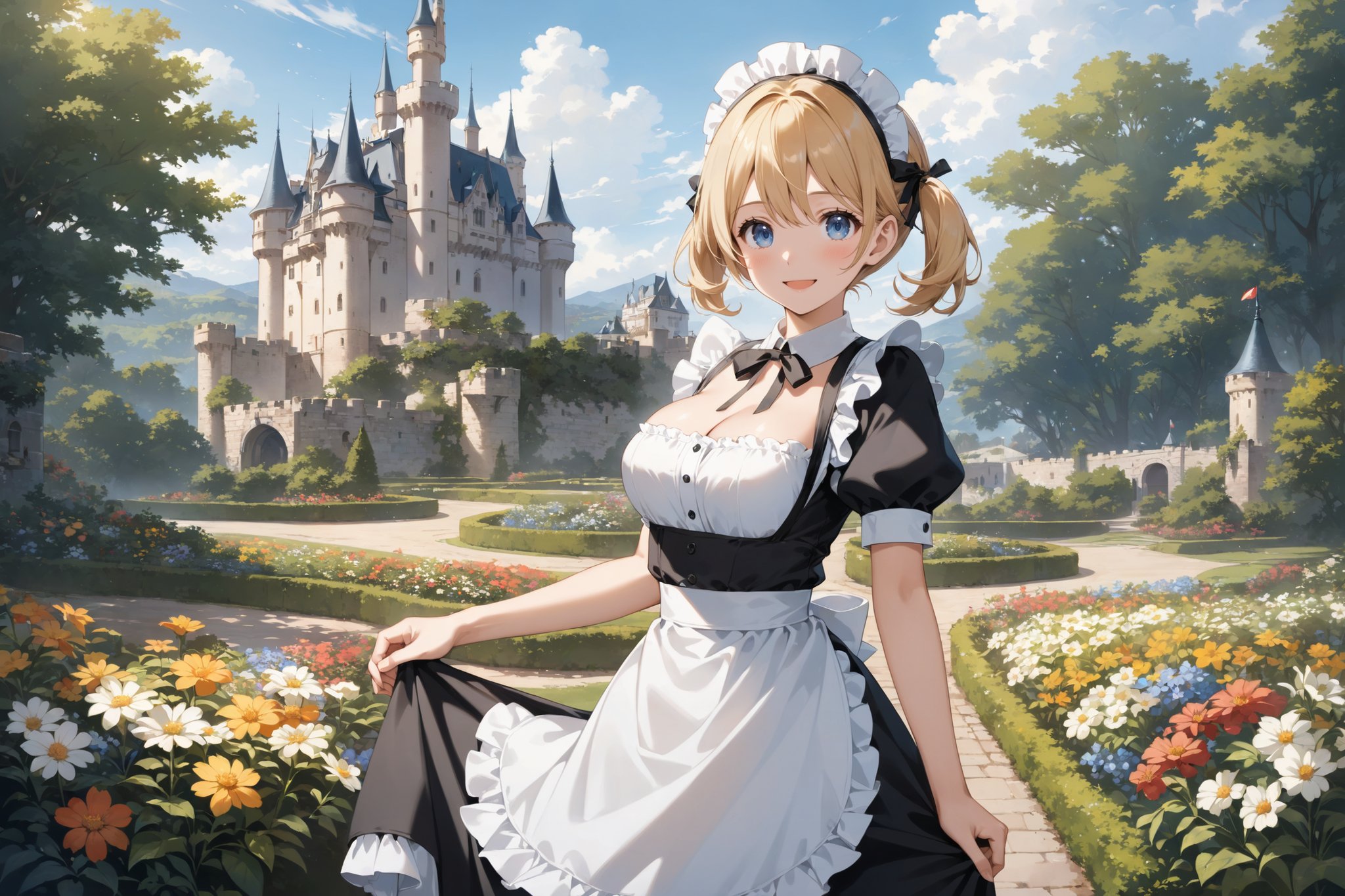 1girl, anime cute girl,from front view,medium shot,anime cute face, sexy body, (large perky breasts:1.1), chubby,blonde short twintails hair,ice blue eyes, tareme, kindly shy smile,;D, edwardian maid costume,maid headdress,no holding,flower blooming, castle garden scape, photoreal background, outdoor,masterpiece, best quality,photoreal background,delicate cel animation, <lora:add-detail-xl:1>