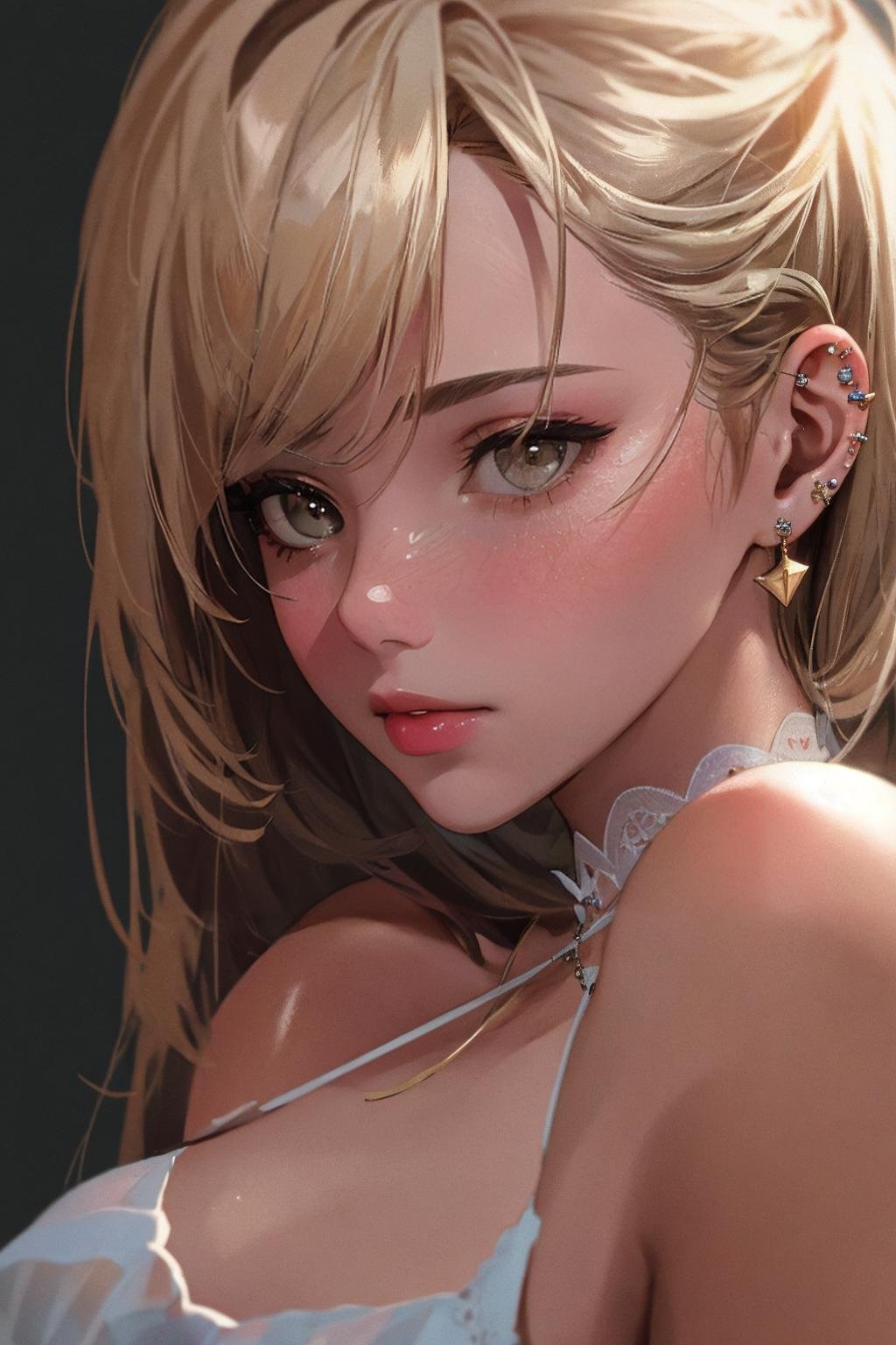 ((Masterpiece, best quality,photography, detailed skin, realistic, photo-realistic, 8k, highly detailed, full length frame, High detail RAW color art, diffused soft lighting, shallow depth of field, sharp focus, hyperrealism, cinematic lighting,close up)),edgEarPiercing, blonde woman,  solo,1girl, piercing, ring, heart shaped ear piercing, wearing edgEarPiercing, <lora:edgEarP:0.7>