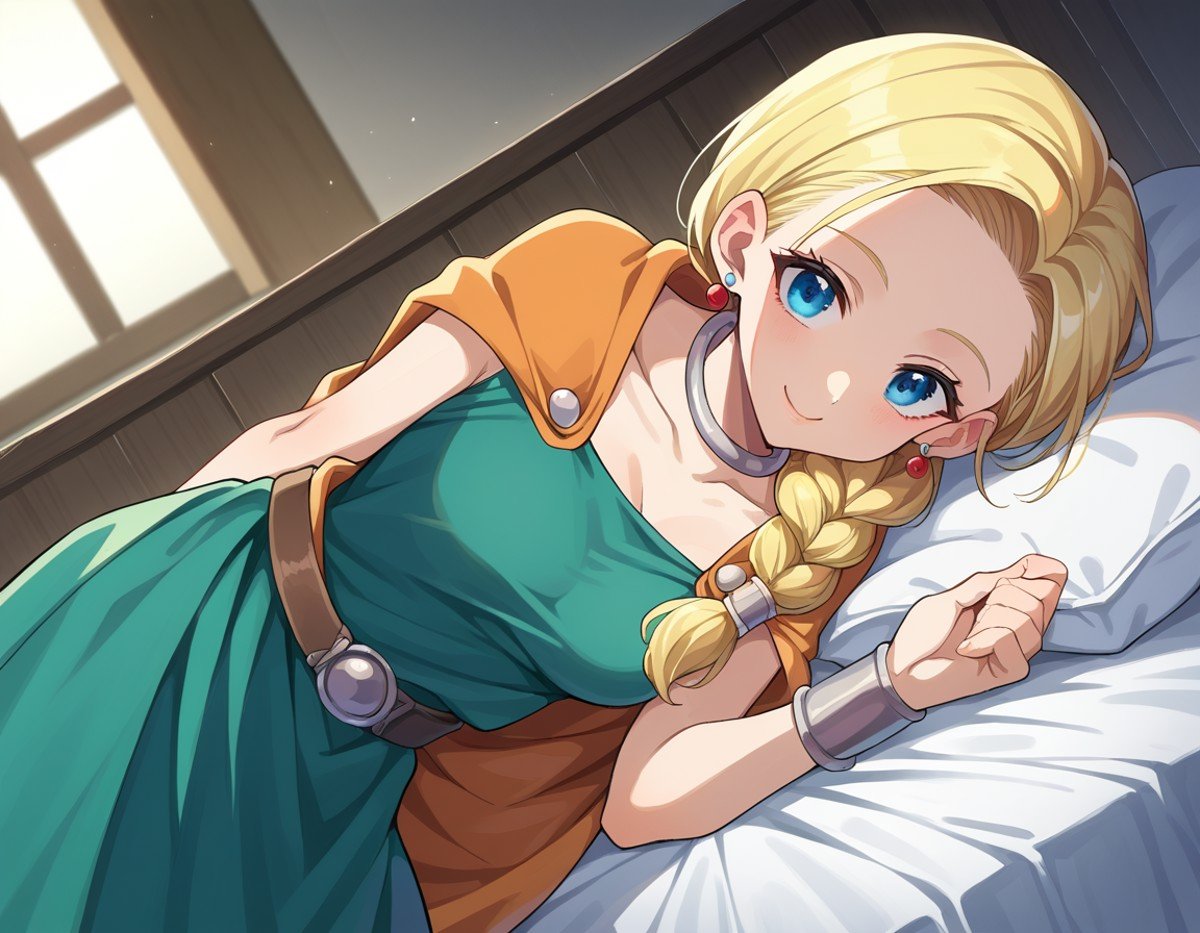 score_9, score_8_up, score_7_up, source_anime,dqbianca, <lora:dq-bianca-ponyxl-lora-nochekaiser:1>,bianca, blonde hair, blue eyes, braid, braided ponytail, long hair, smile,belt, brown belt, cape, dress, earrings, jewelry, green dress,indoors, bed, bed room, on side,looking at viewer, dutch angle, cowboy shot,