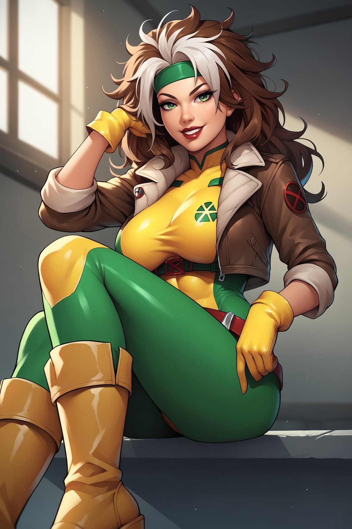 score_9, score_8_up, score_7_up, score_6_up, score_5_up, score_4_up, RogueXMXL, green eyes, lipstick, brown hair, two-tone hair, long hair, messy hair, headband, big breasts, cropped jacket, brown jacket, yellow bodysuit, gloves, belt, boots, sitting, seductive smile, looking at viewer, indoors <lora:RogueXMXL:0.7>