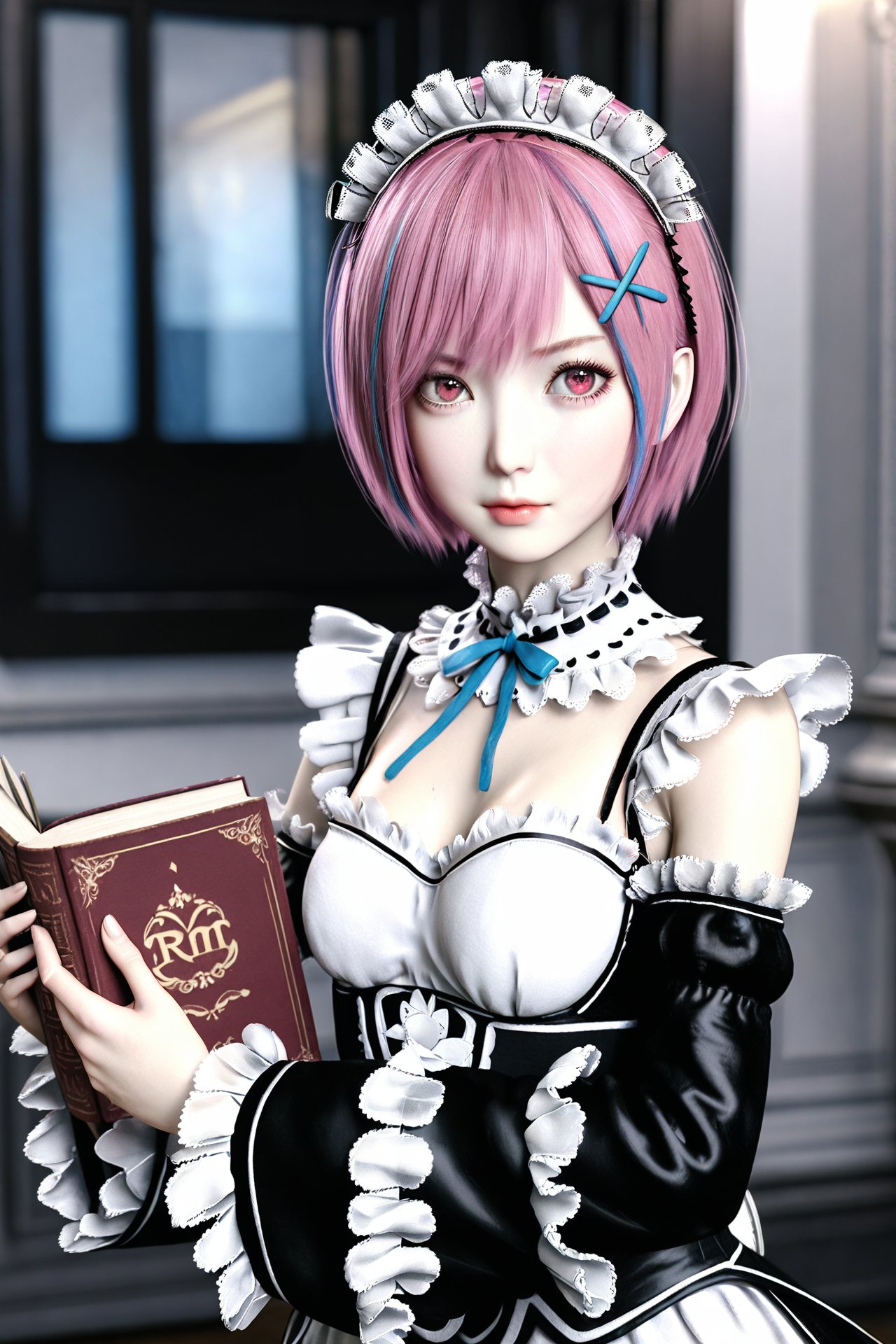 (masterpiece),(best quality),illustration,ultra detailed,hdr,Depth of field,(colorful),Realism,1girl, solo, pink hair, roswaal mansion maid uniform, short hair, ram (re:zero), maid, detached sleeves, hair over one eye, hair ornament, book, holding, looking at viewer, x hair ornament, ribbon, realistic, blurry, maid headdress, holding book, wide sleeves, blurry background, ribbon trim, lips, dress, frills, black ribbon, indoors, ribbon-trimmed sleeves, frilled sleeves, depth of field, lace-trimmed sleeves, hair ribbon, upper body, black dress, neck ribbon, long sleeves, apron, closed mouth, lace trim, blue ribbon, detached collar, pink eyes, nose, ribbon-trimmed clothes, red eyes