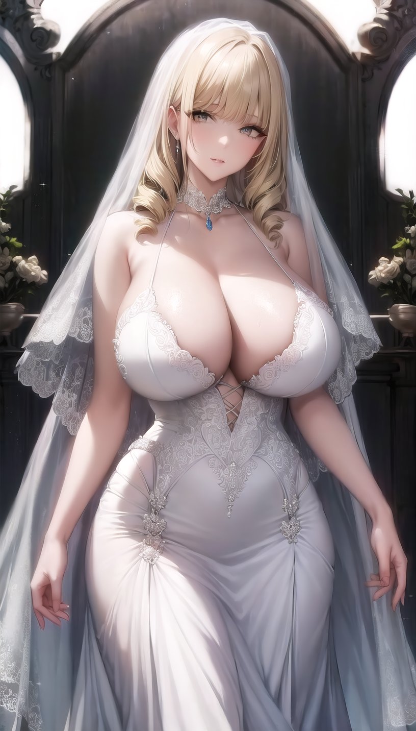 roseoriana-hairstyle,drill hair,(wedding dress:1.28), lady,mature female,cowboy shot,(white background, simple background:1.08),highres,official art,original,masterpiece,best quality,(huge breasts),<lora:rose oriana2:0.8>