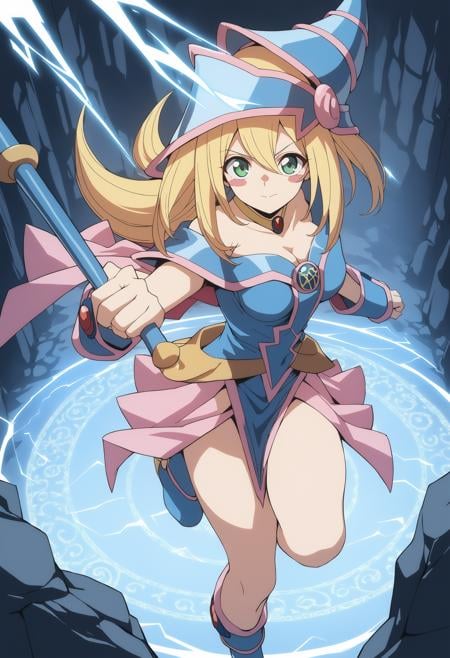 1girl,  <lora:blamagiXLv1:0.8>,blamagi,blonde hair, green eyes, long hair, medium breasts,blush stickers,wizard hat,wand,magic circle, electricity, lightning, energy,fighting stance,from above, feet out of frame, looking at viewer, happy, cave, closed mouth,masterpiece, best quality,