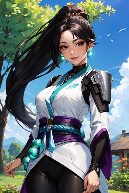 masterpiece, best quality, 1girl,  <lora:valorantsage-nvwls-v1-000009:0.9> valorantSage, ponytail, earrings, white robes, bridal gauntlets, sash, black pants, large breasts, garden, blue sky, smile, looking at viewer, upper body