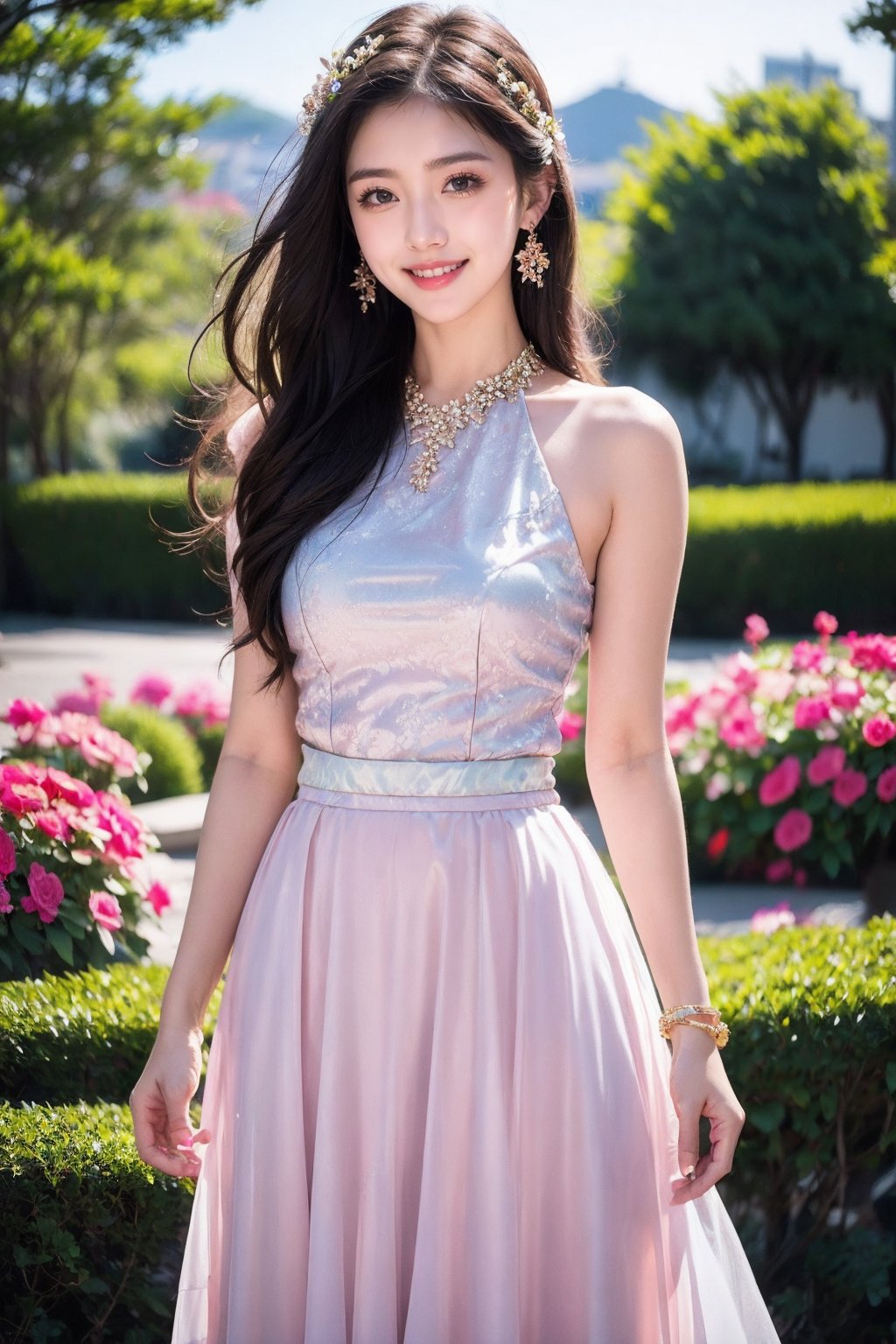 1girl, jewelry, solo, bracelet, earrings, brown hair, looking at viewer, long hair, ring, outdoors, floral print, see-through, breasts, flower, skirt, long skirt, blurry, parted lips, sleeveless, lips, blurry background, standing, dress, tree, bare shoulders, brown eyes, smile, shirt, white skirt, hair ornament, realistic, photorealistic,