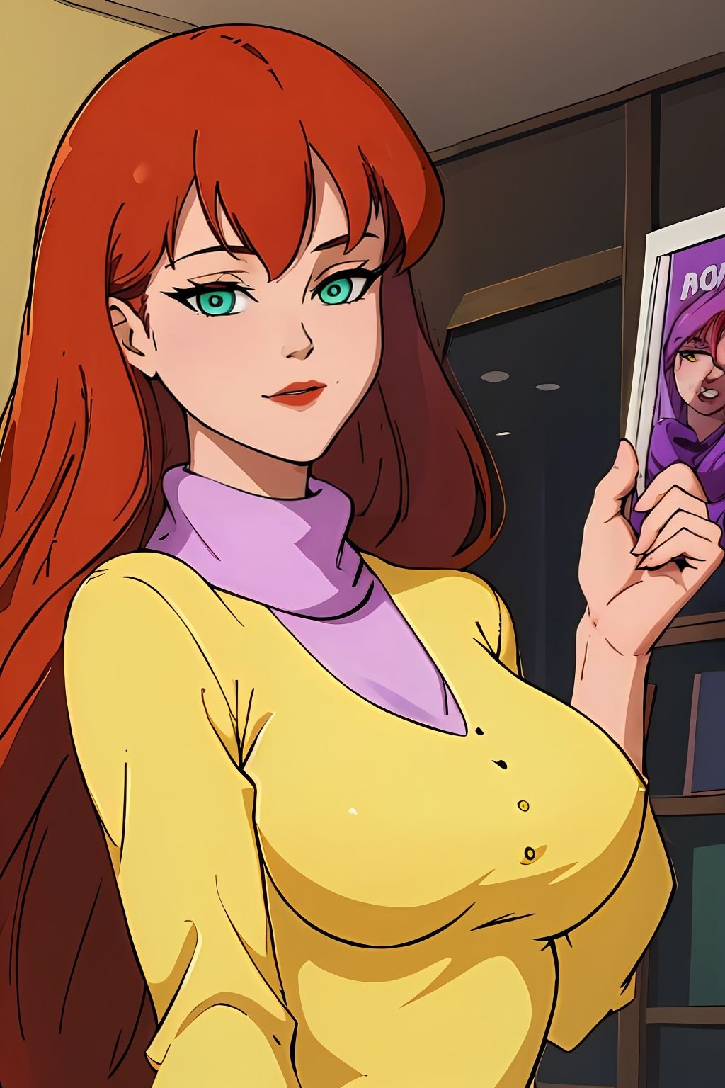 absurdres, mary jane watson, upper body, yellow sweater with purple turtleneck <lora:Mary Jane Watson_v1:1>