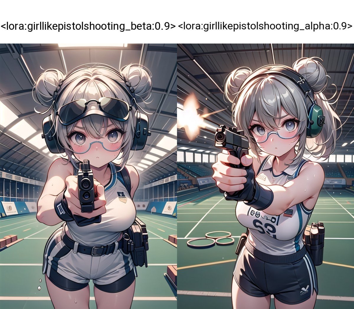 ((pistol shooting)), ((firing range)), (holding air handgun), muzzle flash, aiming at viewer and target, player uniform, sleeveless, sports shorts, ear defenders, fingerless gloves, olympic games venue, wind, steam, sweat, shadow, 1girl, gray hair, double bun, big tits, facing viewer, looking at viewer, pov, standing, ((tinted eyewear)), <lora:girllikepistolshooting_beta:0.9>